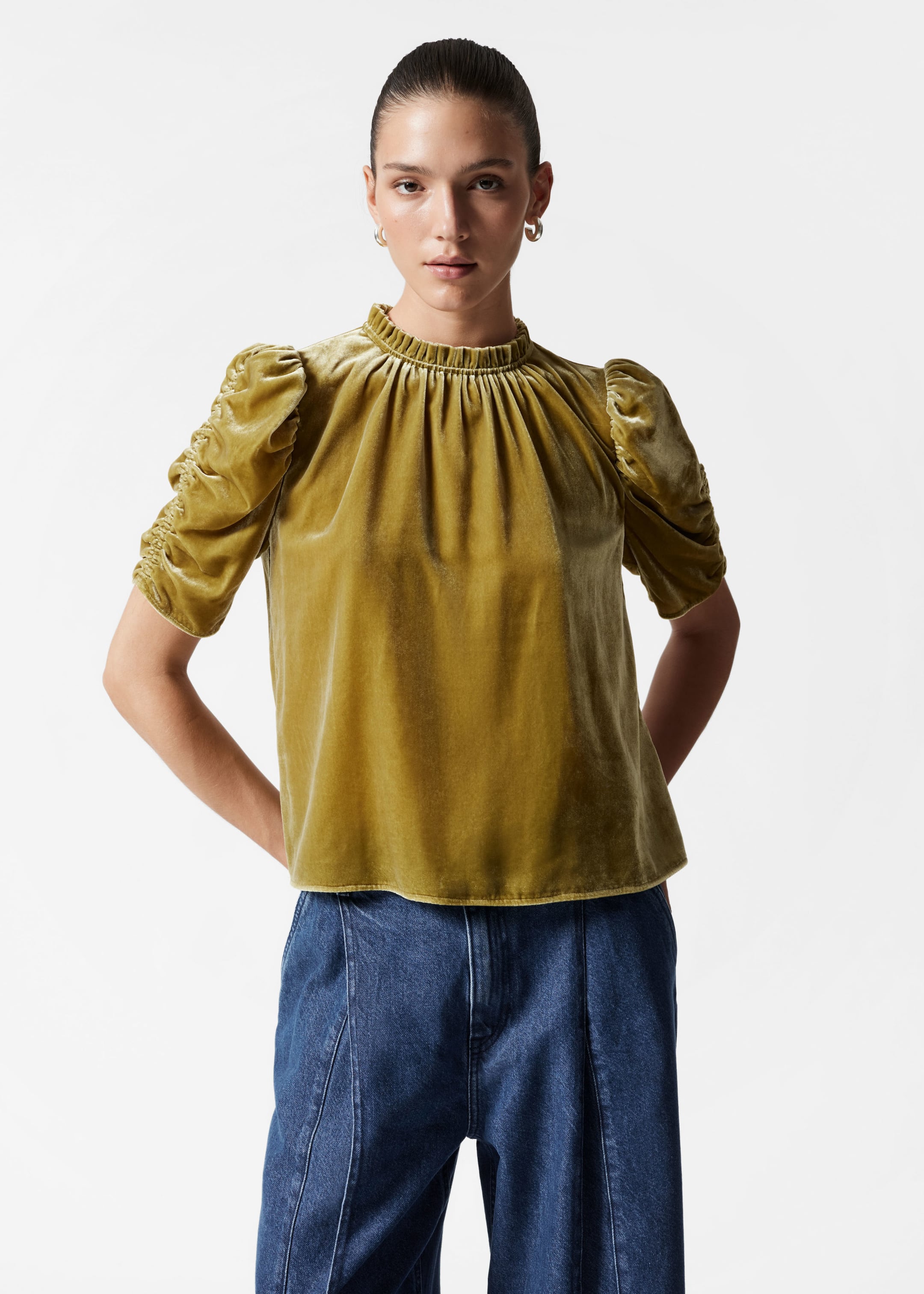 Puff Sleeve Velvet Top Olive Blouses Other Stories DK