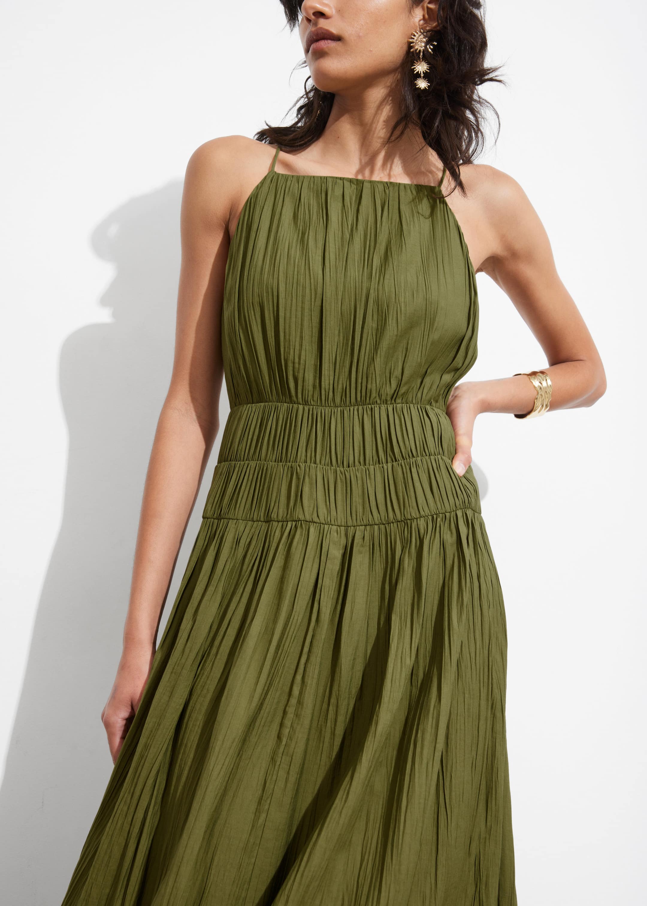 Shirred Sleeveless Midi Dress - Green - Lookbook