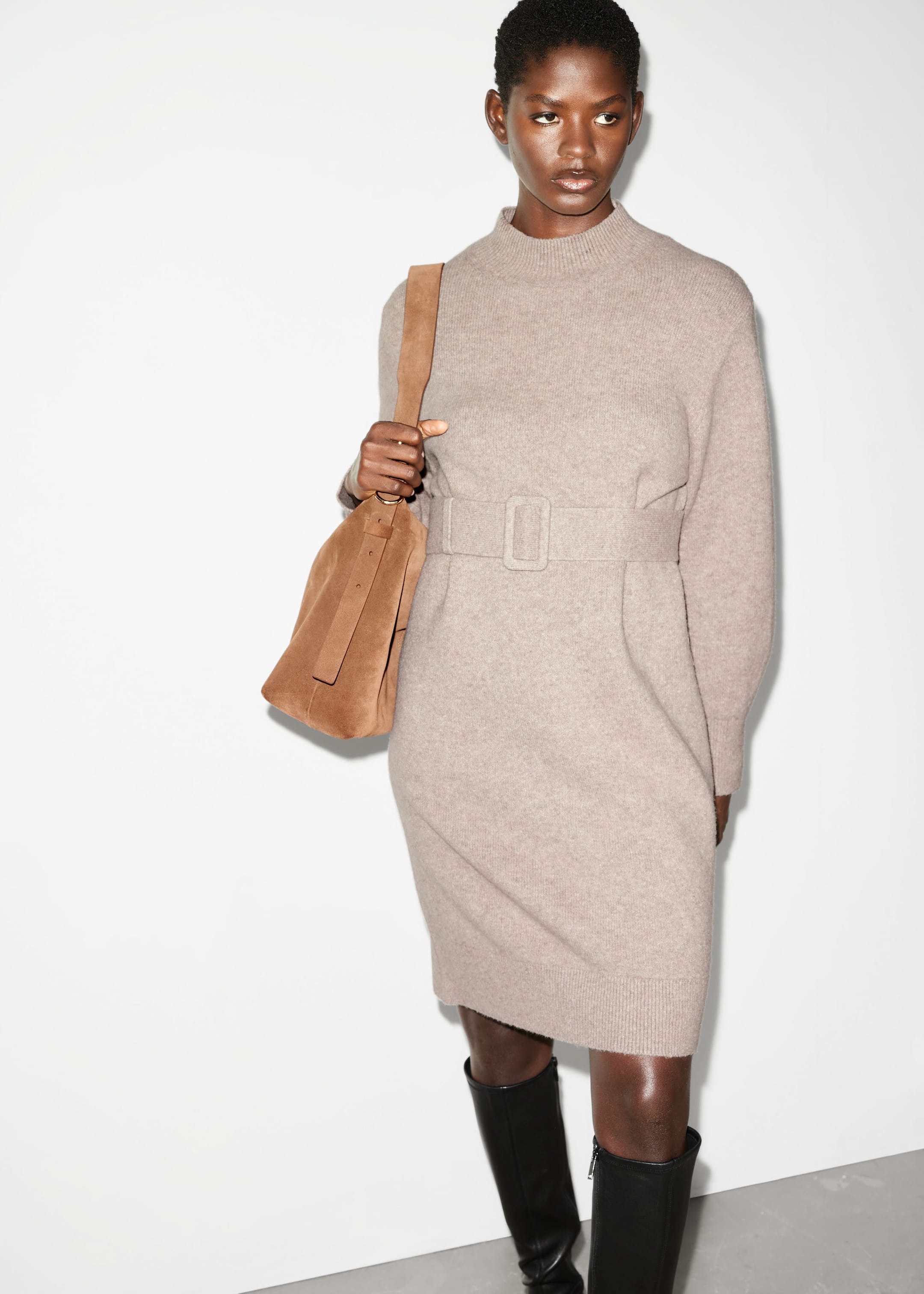 Belted Jumper Dress - Caramel - Lookbook