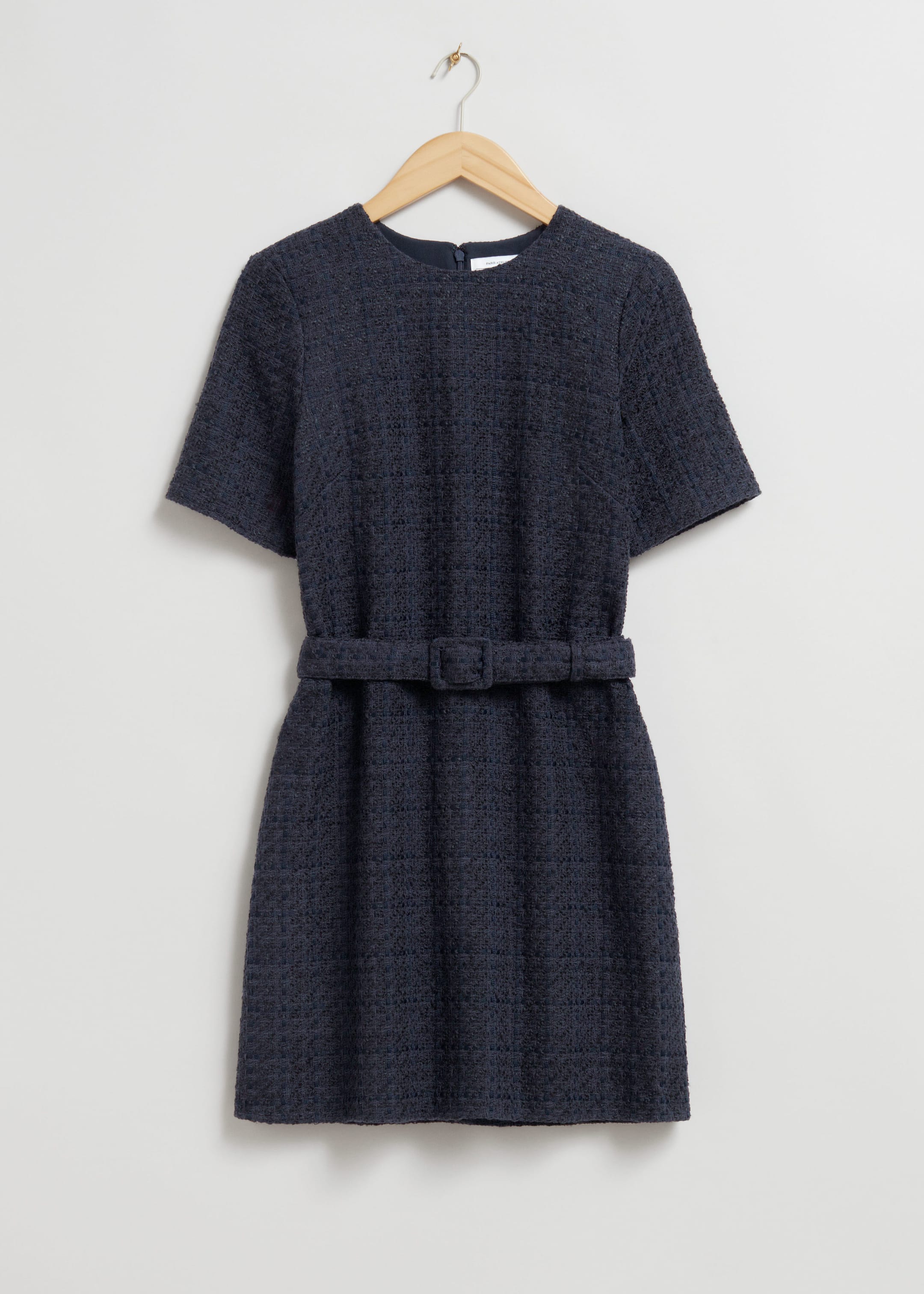 Tweed Belted Mini Dress - Dark Blue Tweed - Still Life