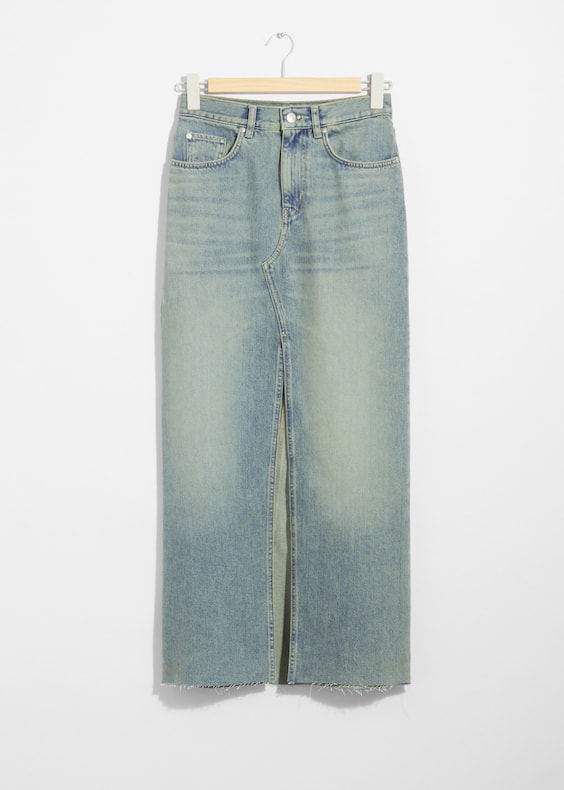 Front-Slit Denim Midi Skirt
