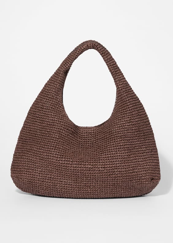 Leather-Piping Straw Shoulder Bag