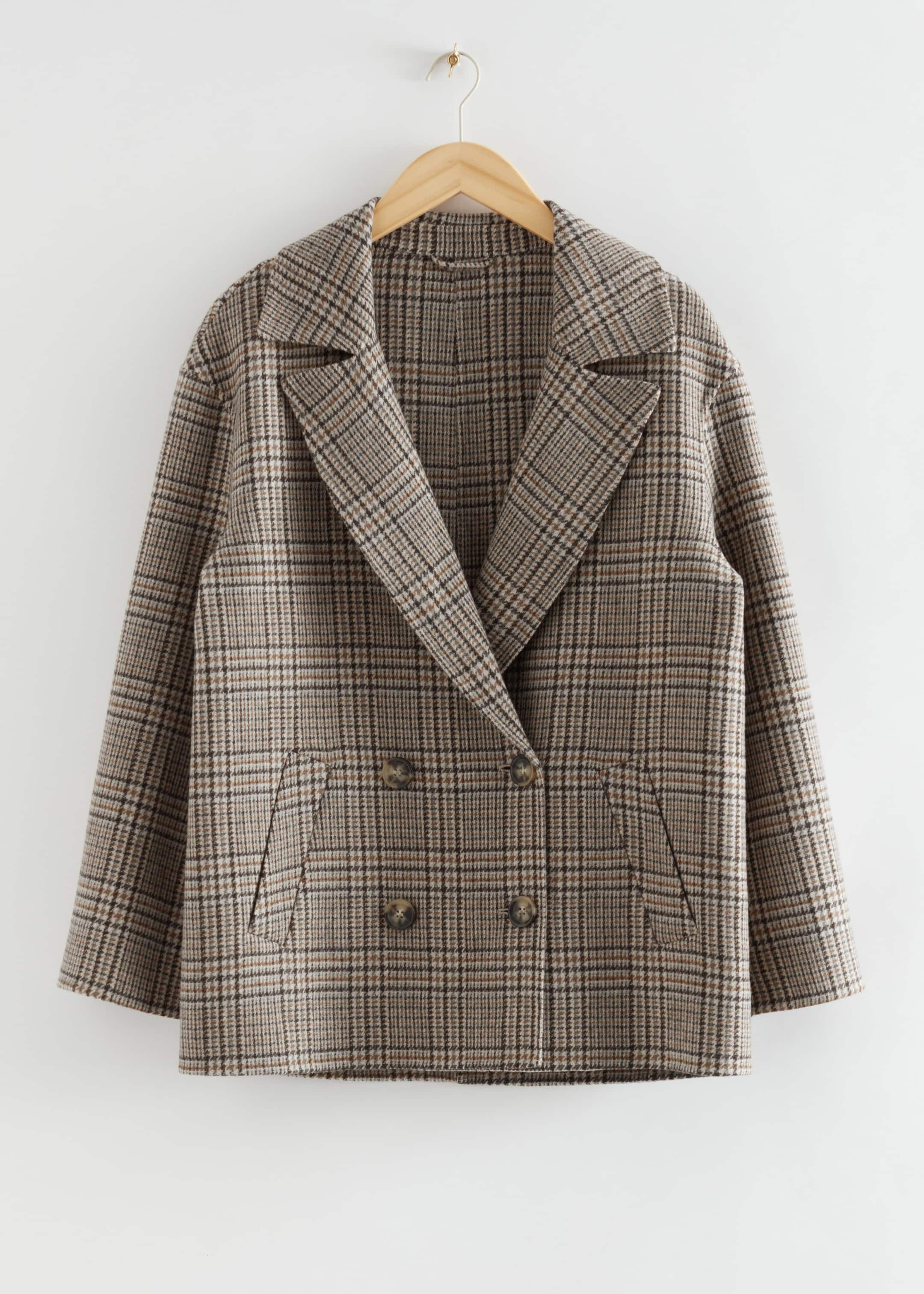 Relaxed Double-Breasted Wool Coat - Checked Beige - Still Life