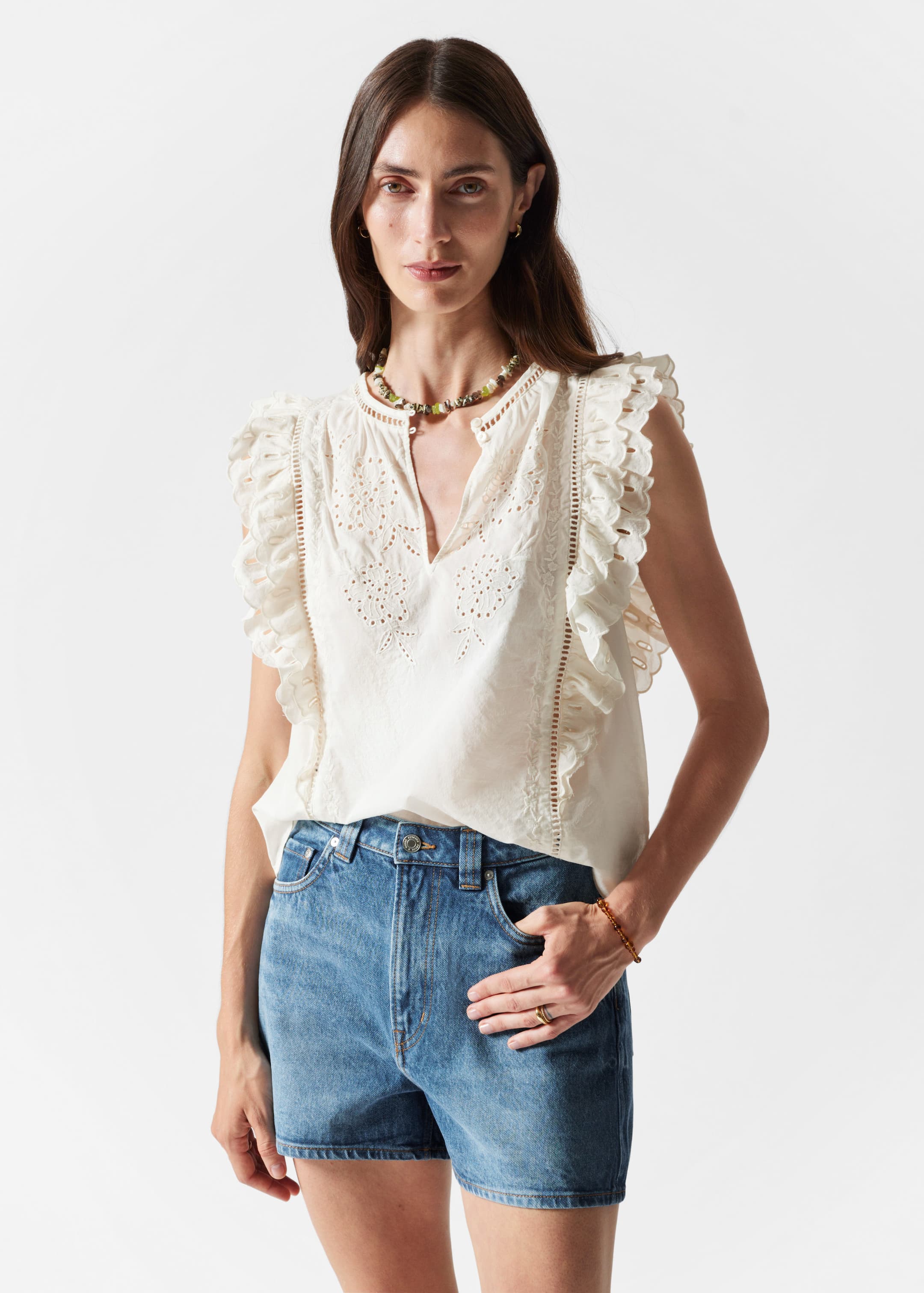 Embroidered Frill Top - Cream - Lookbook