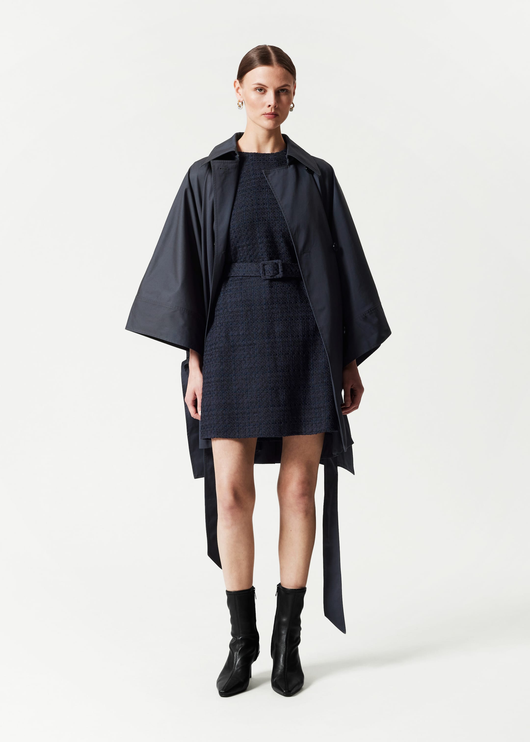 Tweed Belted Mini Dress - Dark Blue Tweed - Lookbook