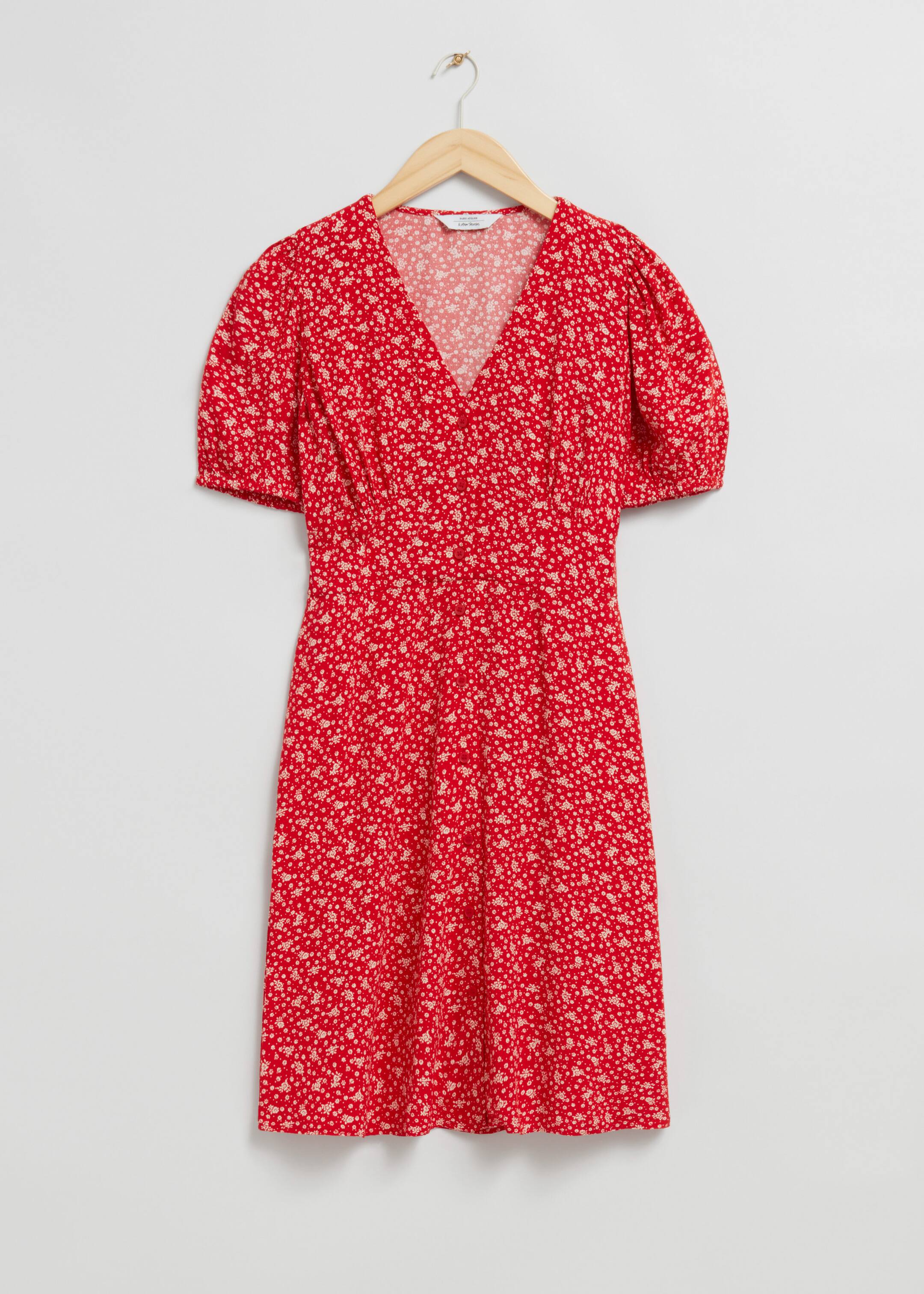 Printed Buttoned Mini Dress - Bright Red - Still Life