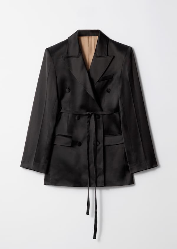 Shiny Belted Wool-Blend Blazer