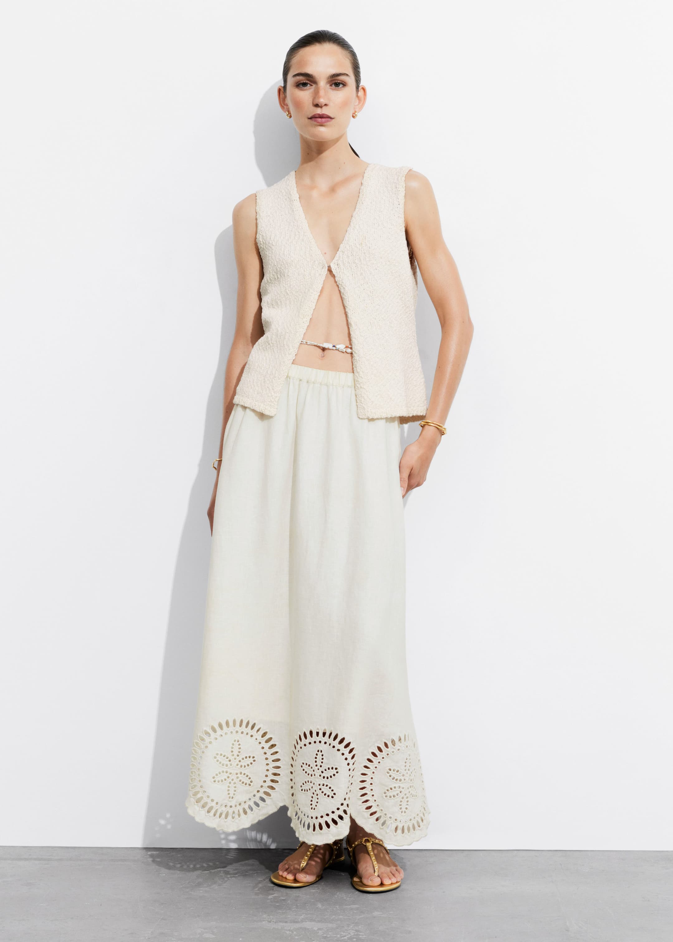 Image of Embroidered Linen Midi Skirt