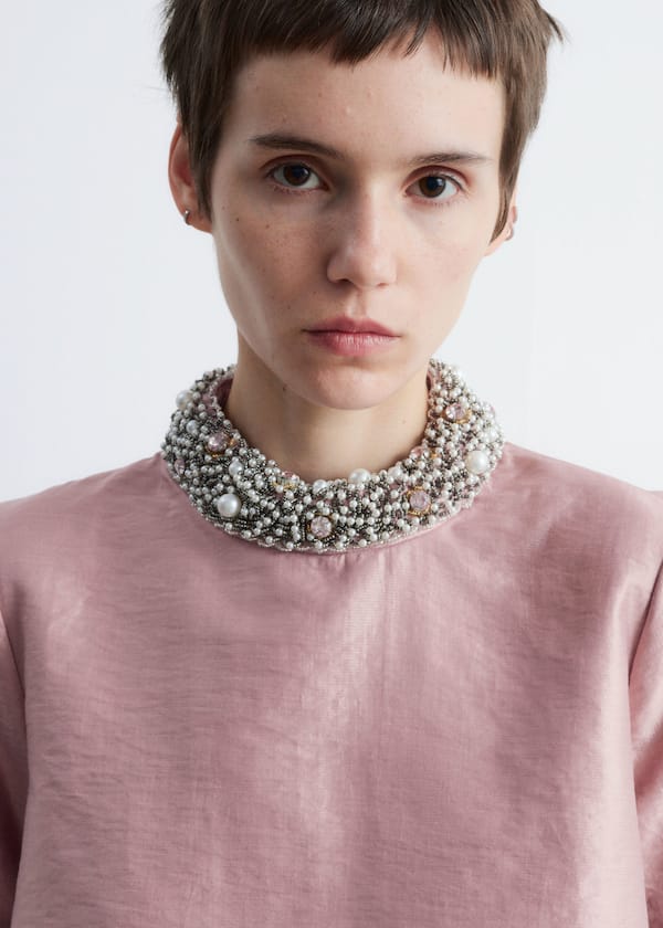 Short-Sleeve Pearl-Embroidered Blouse