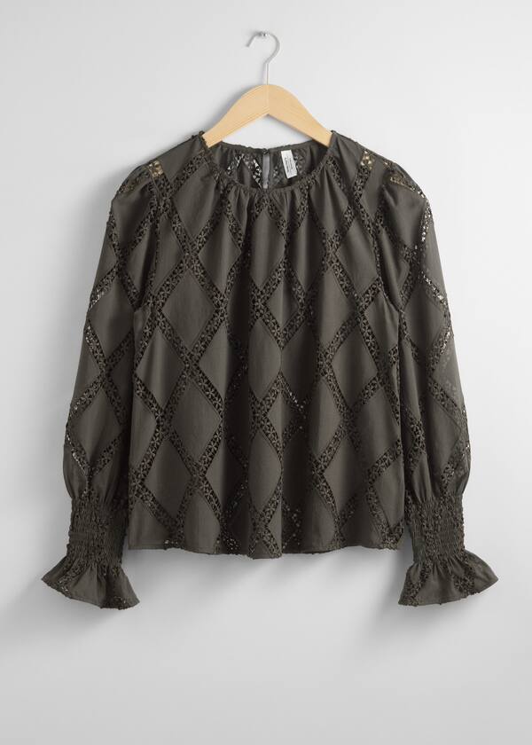 Embroidered Frill-Cuff Blouse