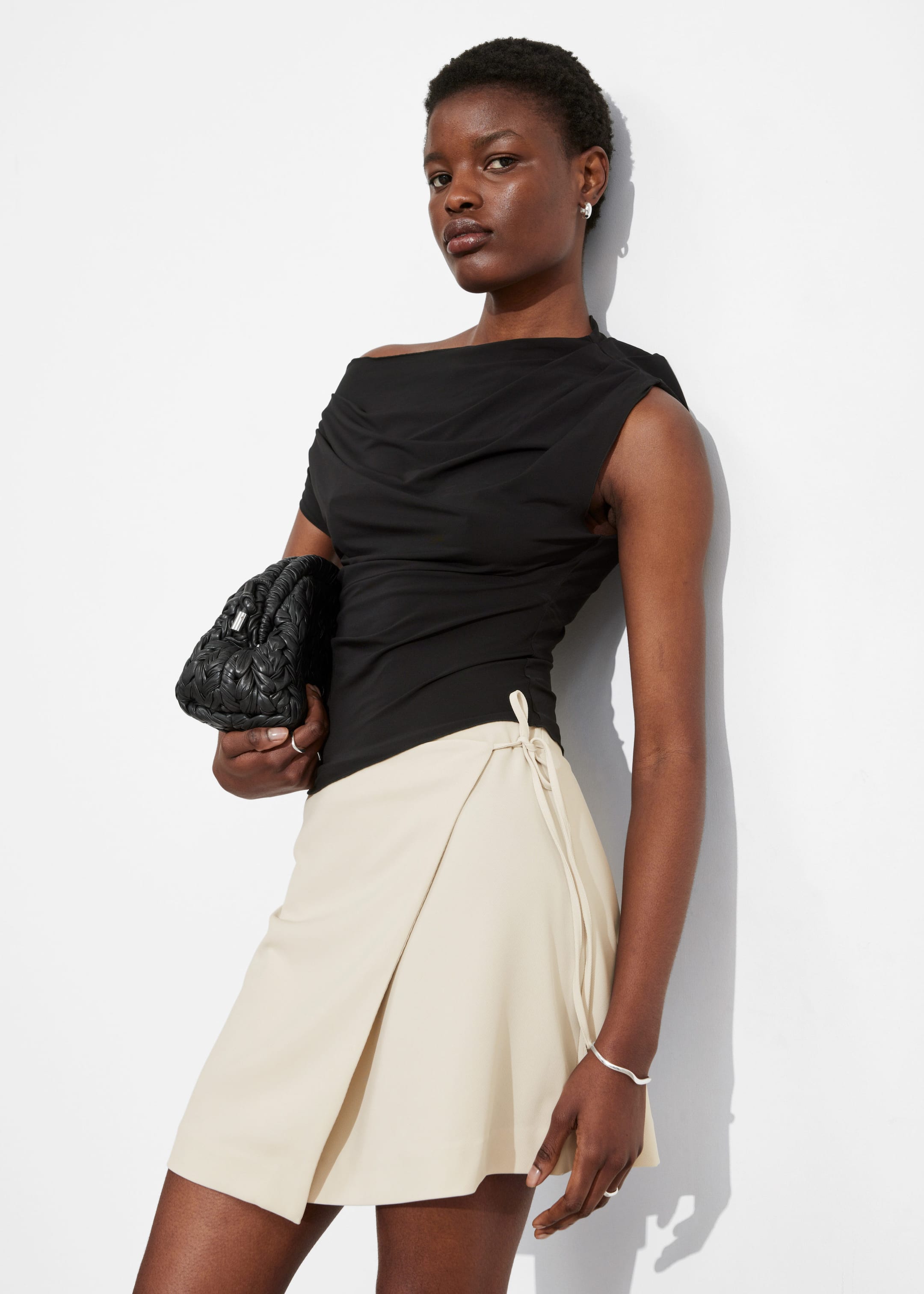 Tailored Mini Wrap Skirt - Beige - Lookbook