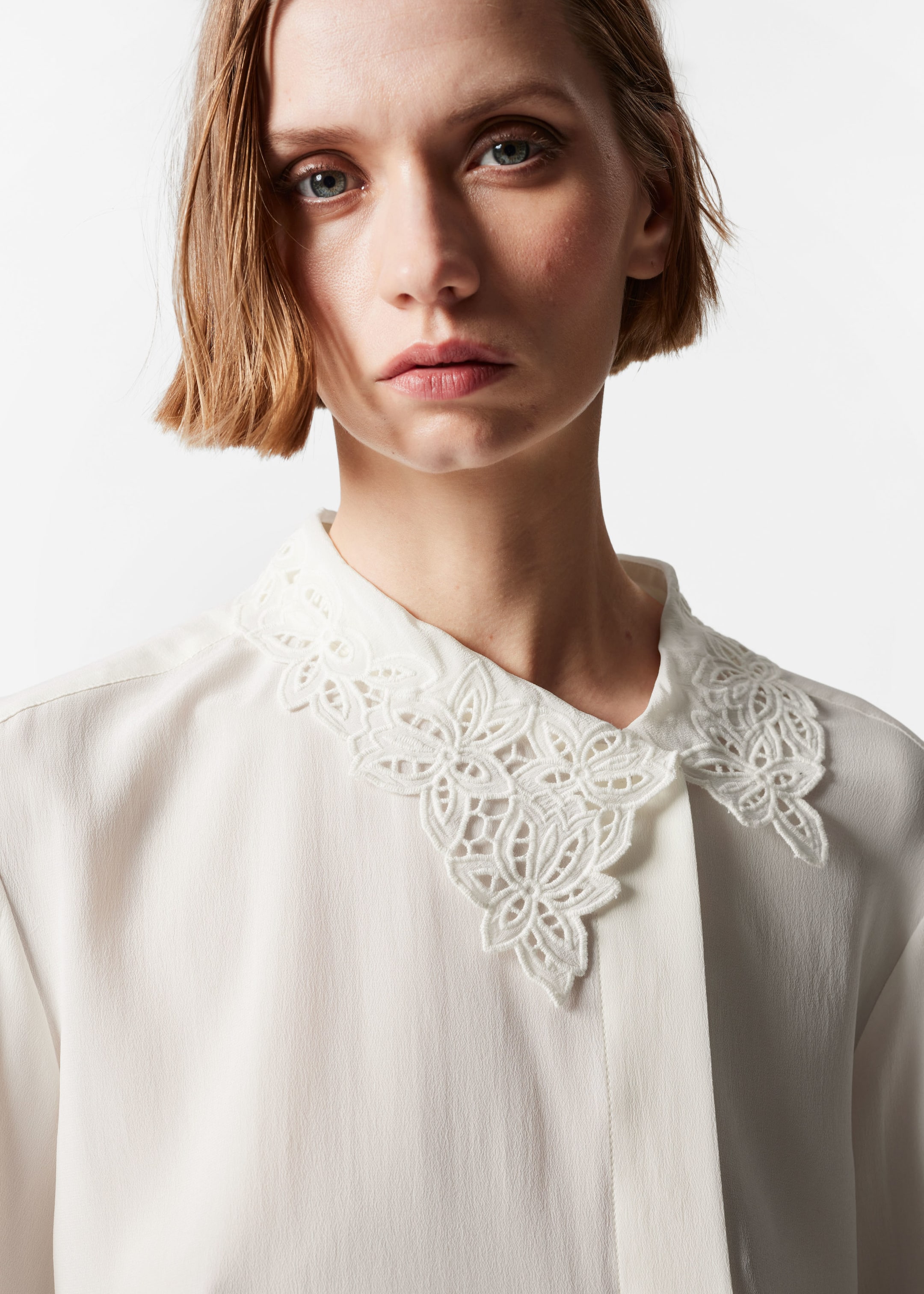 Asymmetric Collar Silk Blouse - White - Lookbook