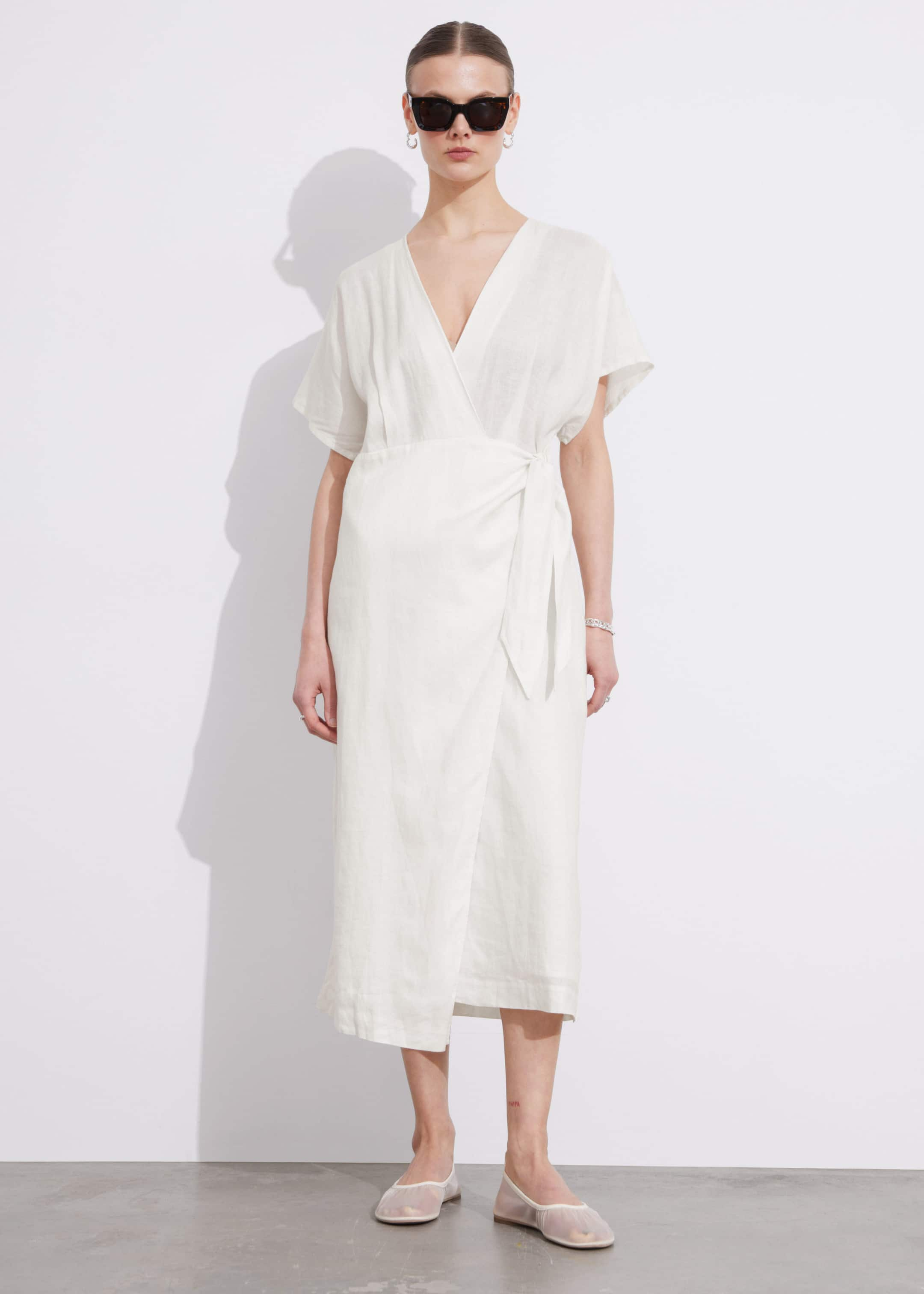 Linen Wrap Midi Dress - White - Lookbook