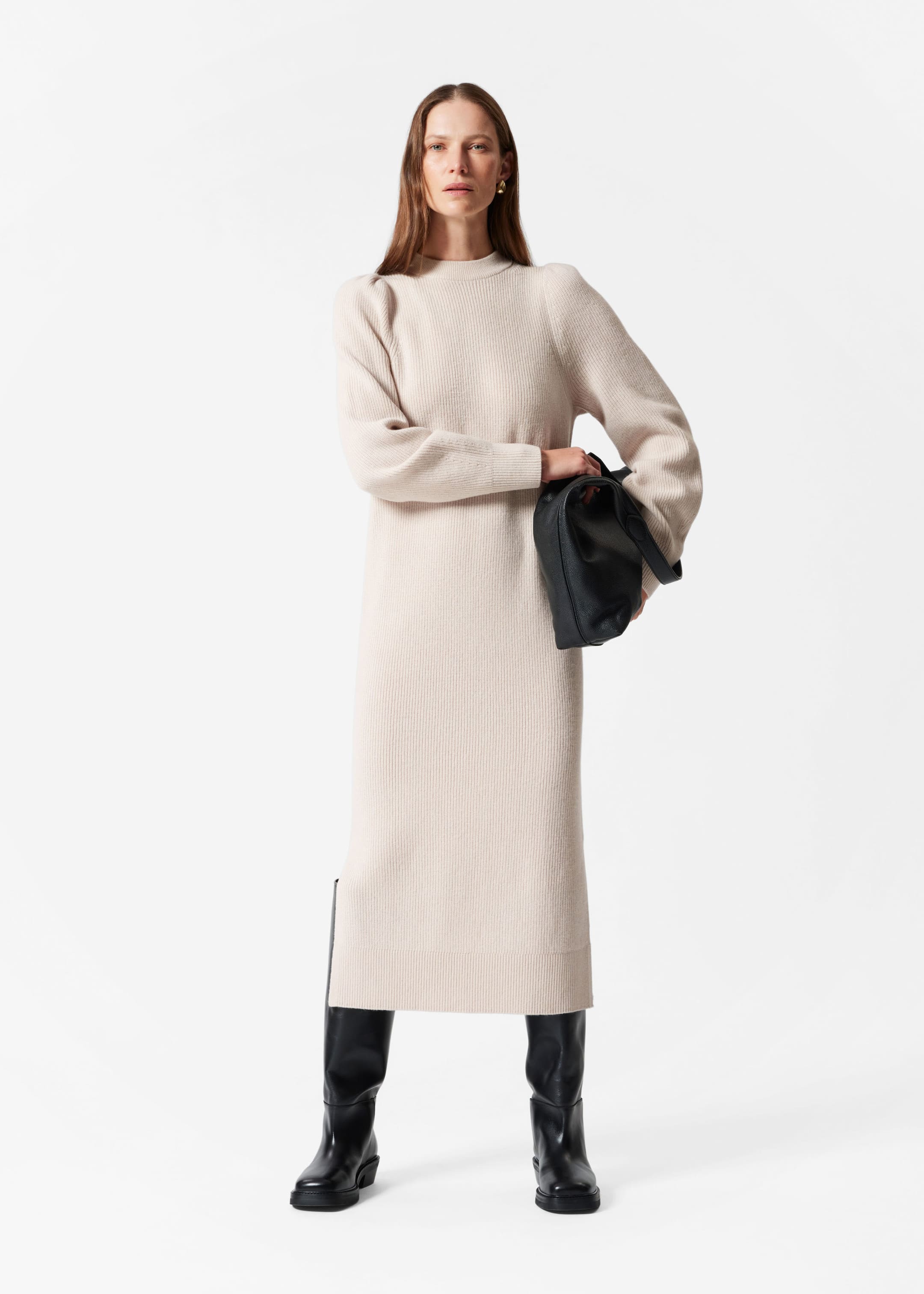 Image of Puff-Sleeve Wool Midi Dress