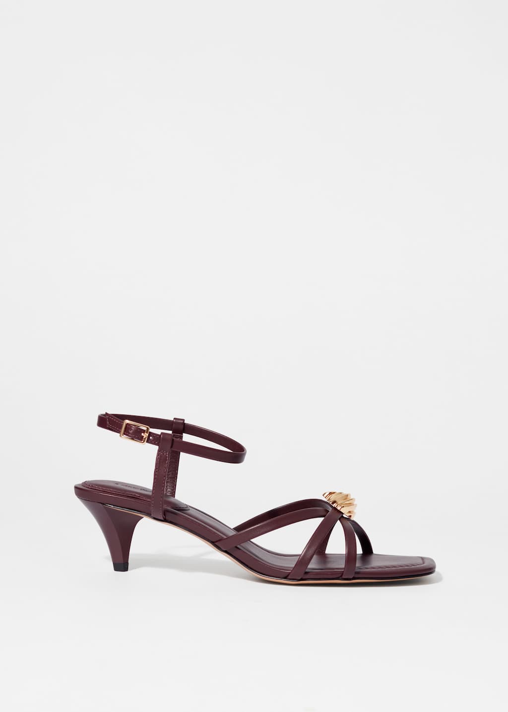 Embellished Heeled Leather Sandals - Burgundy - Flat sandals