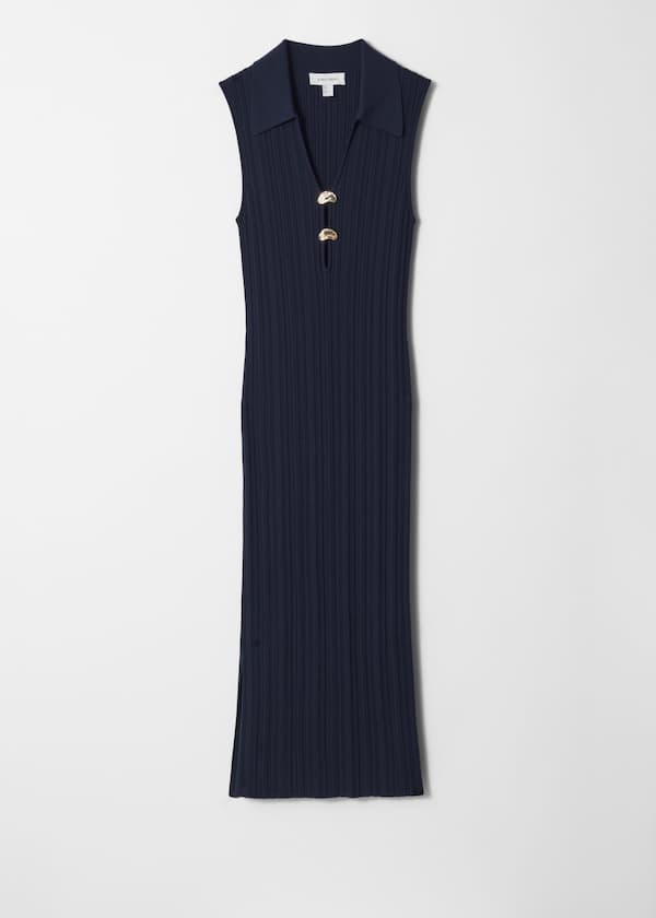 Rib-Knit Collared Midi Dress