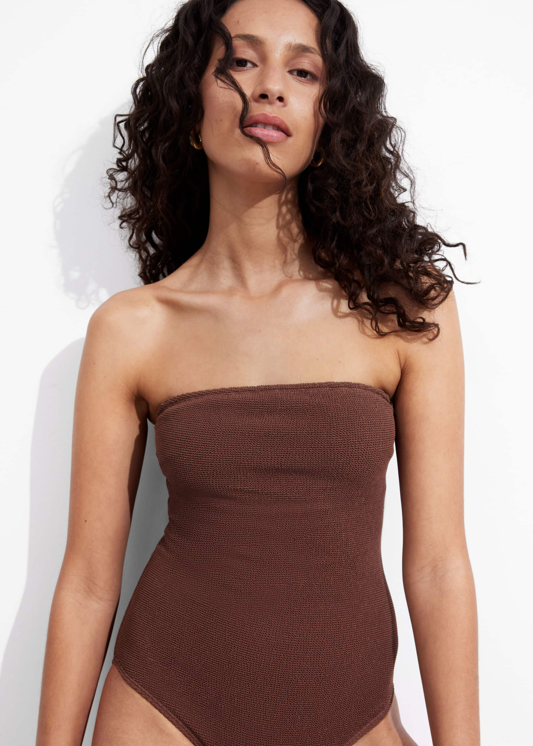 Textured Bandeau Swimsuit - Brown - Lookbook