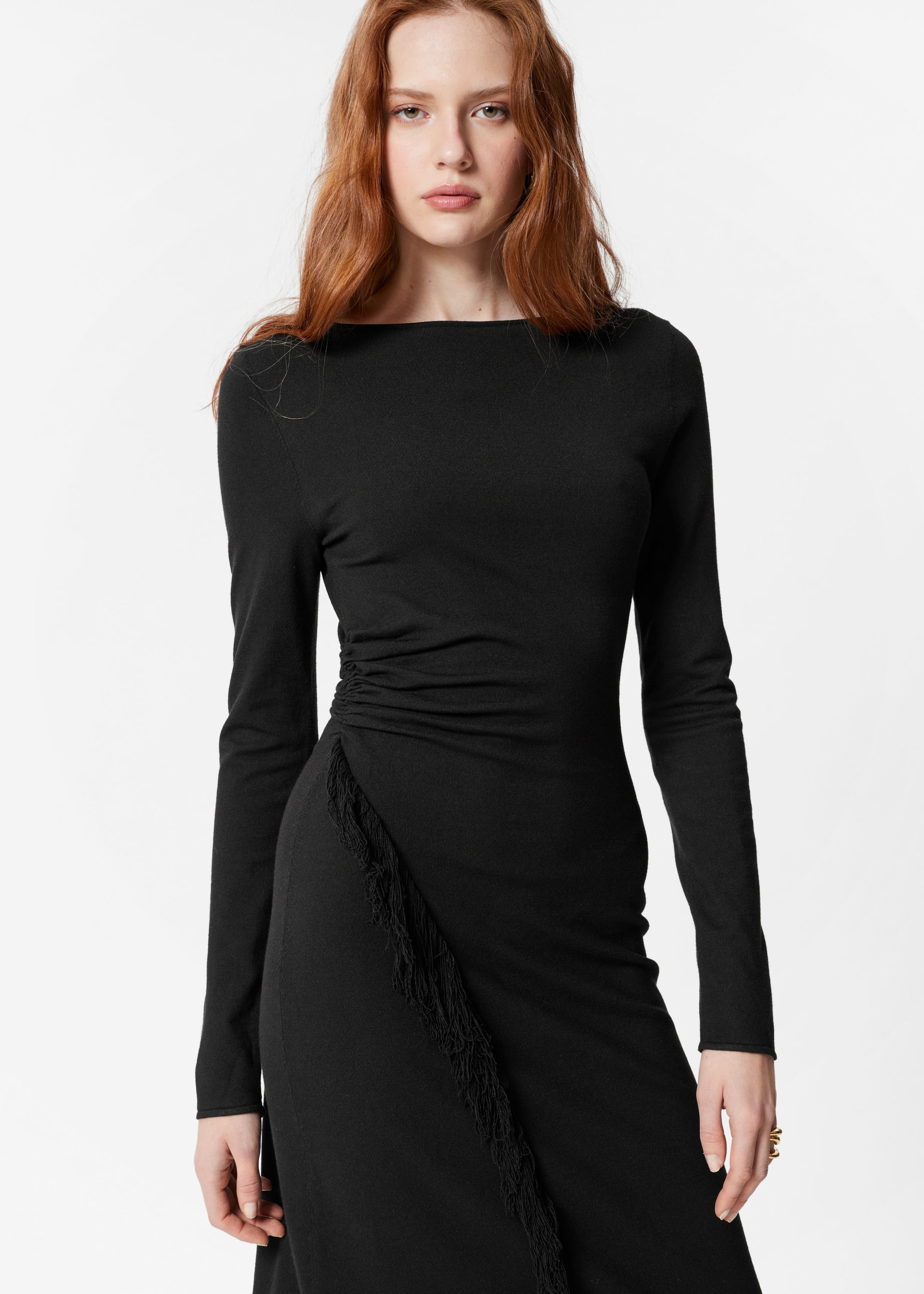 Asymmetric Fringe Midi Dress - Black - Lookbook