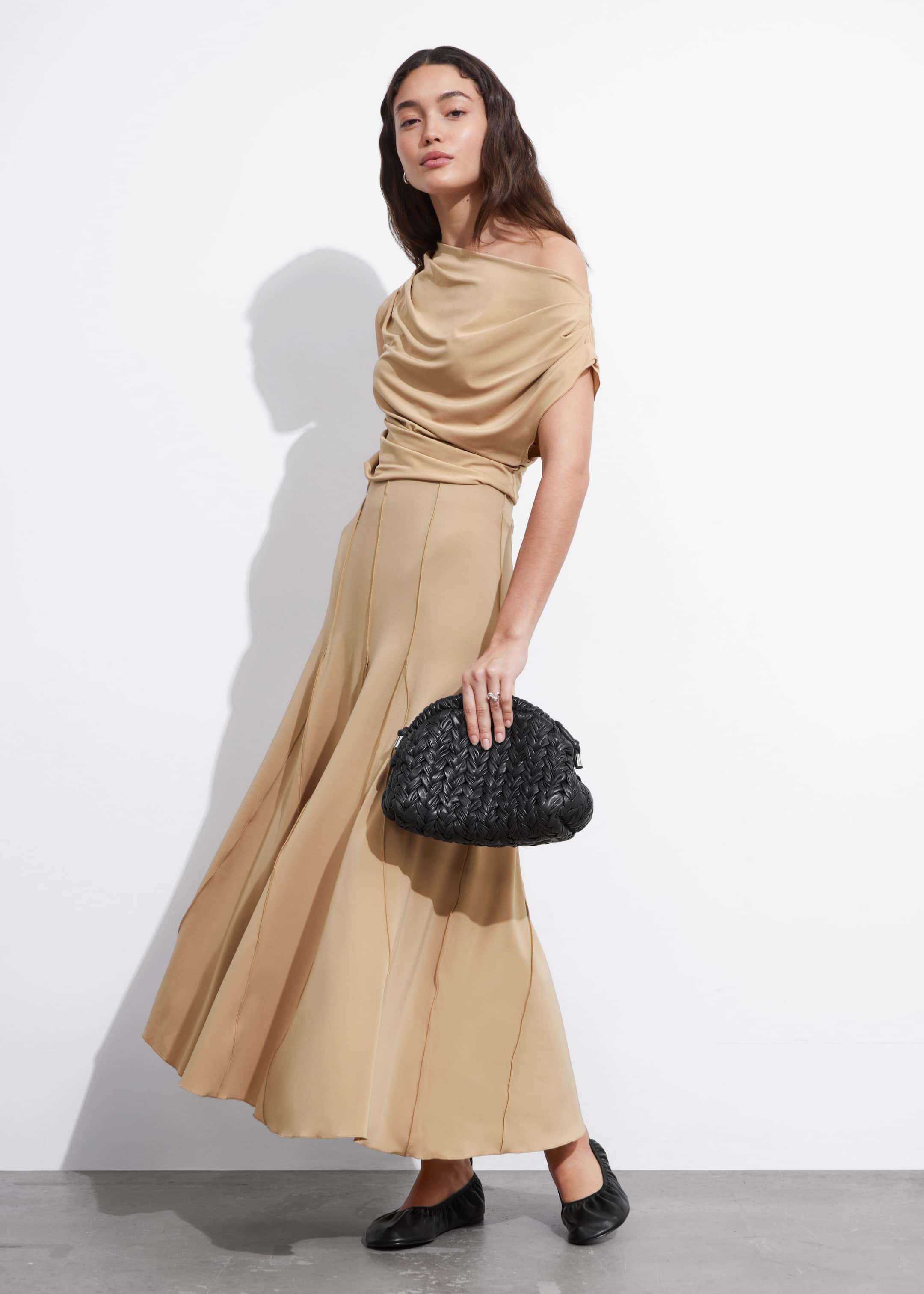 Pleated Midi Skirt - Beige - Lookbook