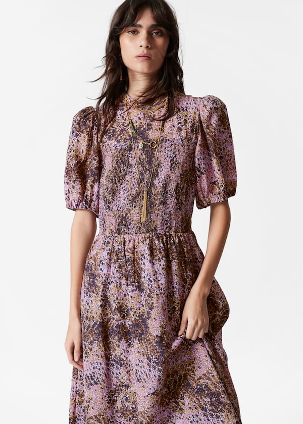 Smocked Puff-Sleeve Midi Dress