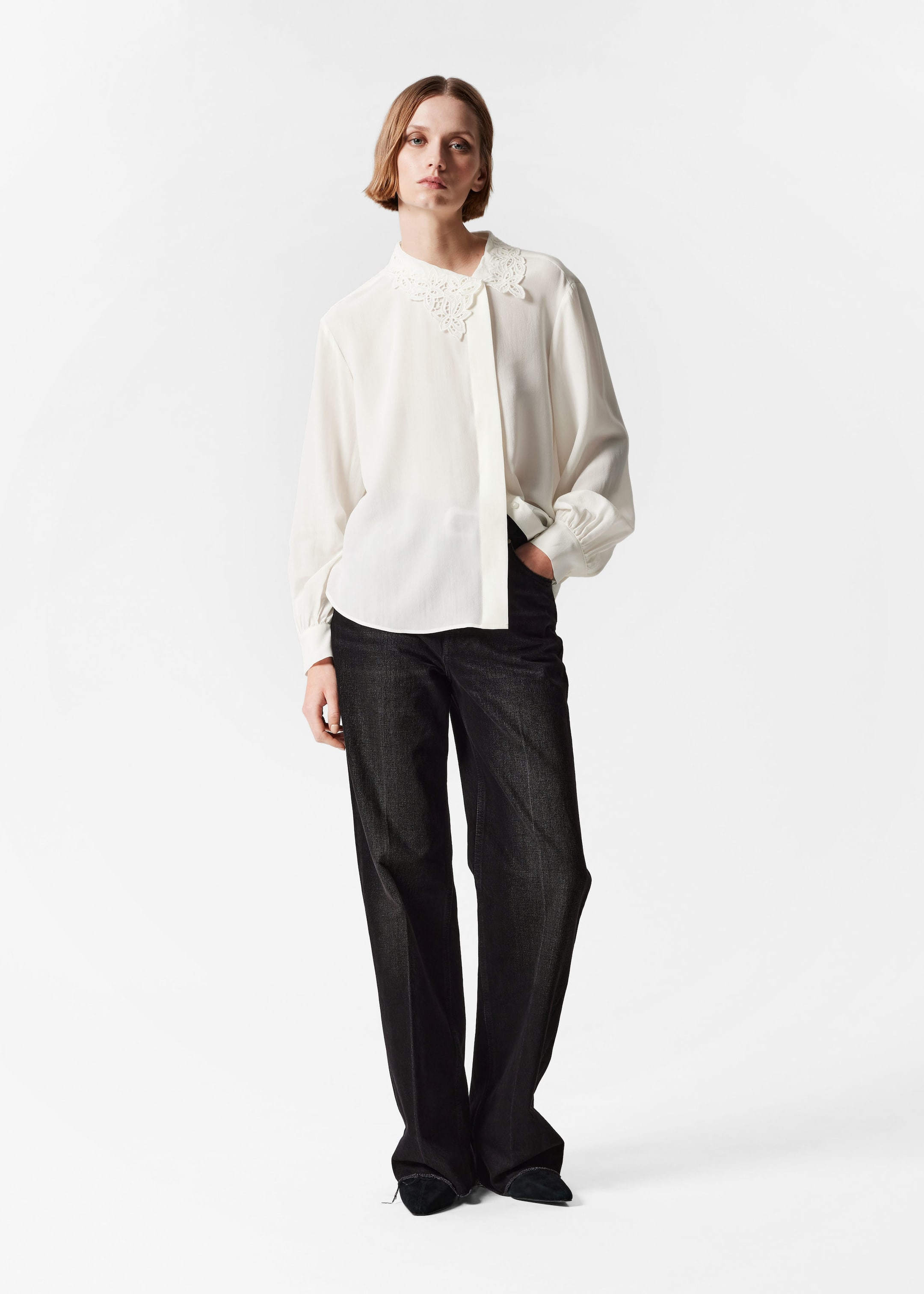 Asymmetric Collar Silk Blouse - White - Lookbook