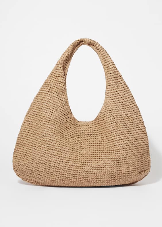 Leather-Piping Straw Shoulder Bag