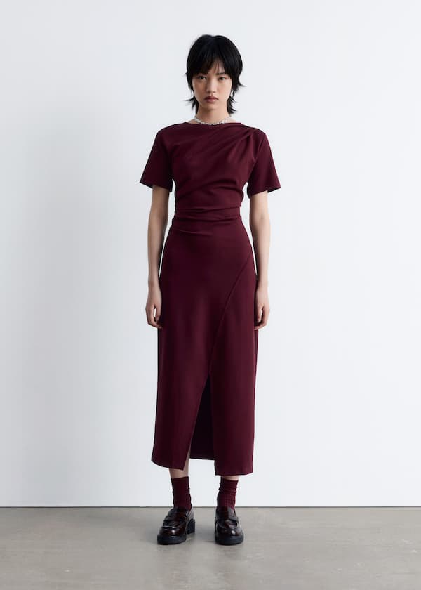 Draped Short-Sleeve Midi Dress