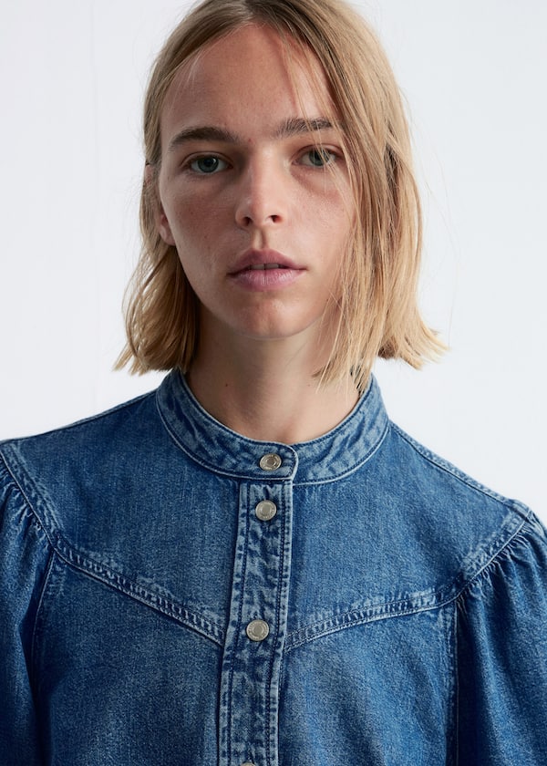 Puff-Sleeve Denim Blouse