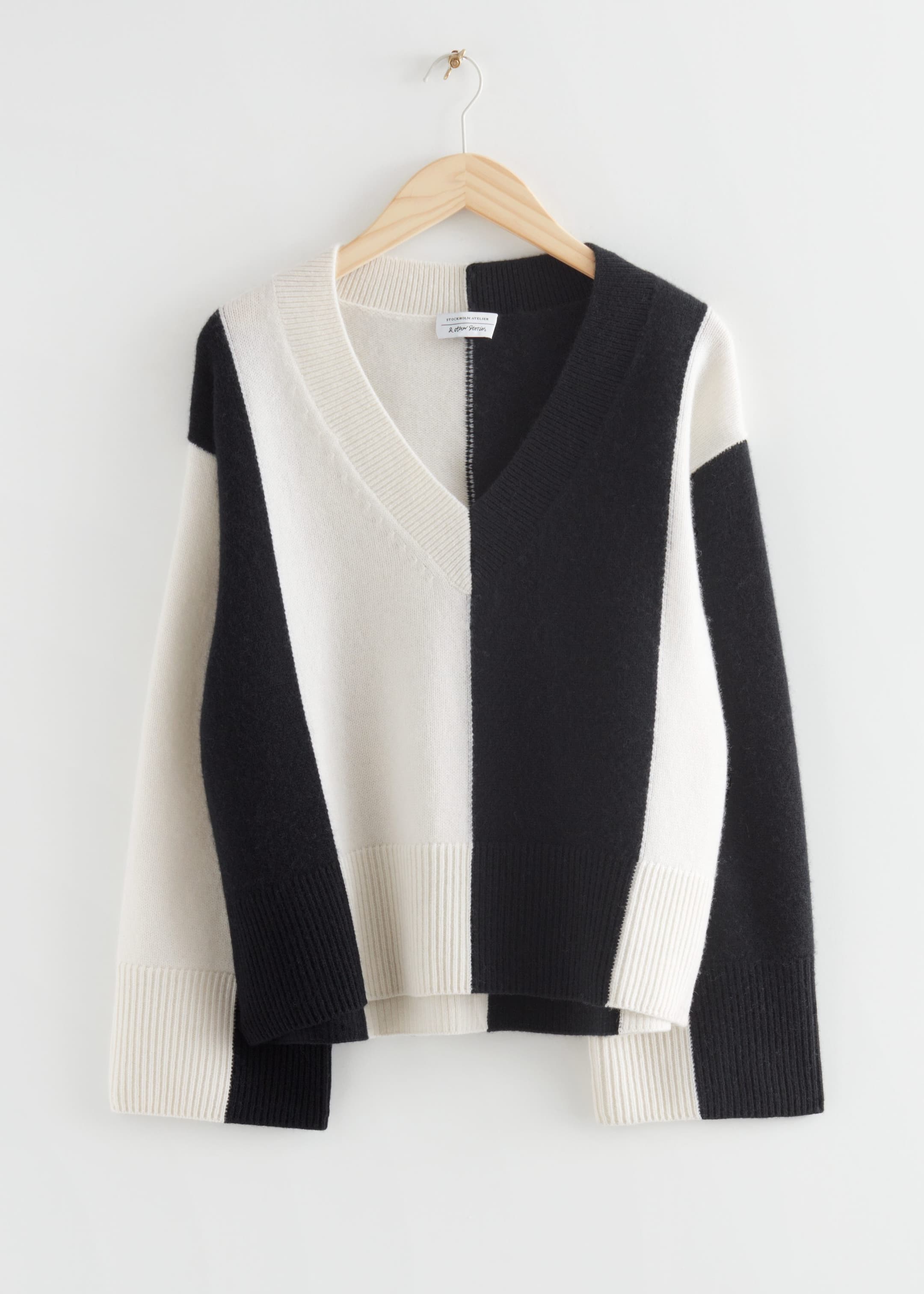 Oversized Lambswool V-Neck Sweater - Black and White - Still Life