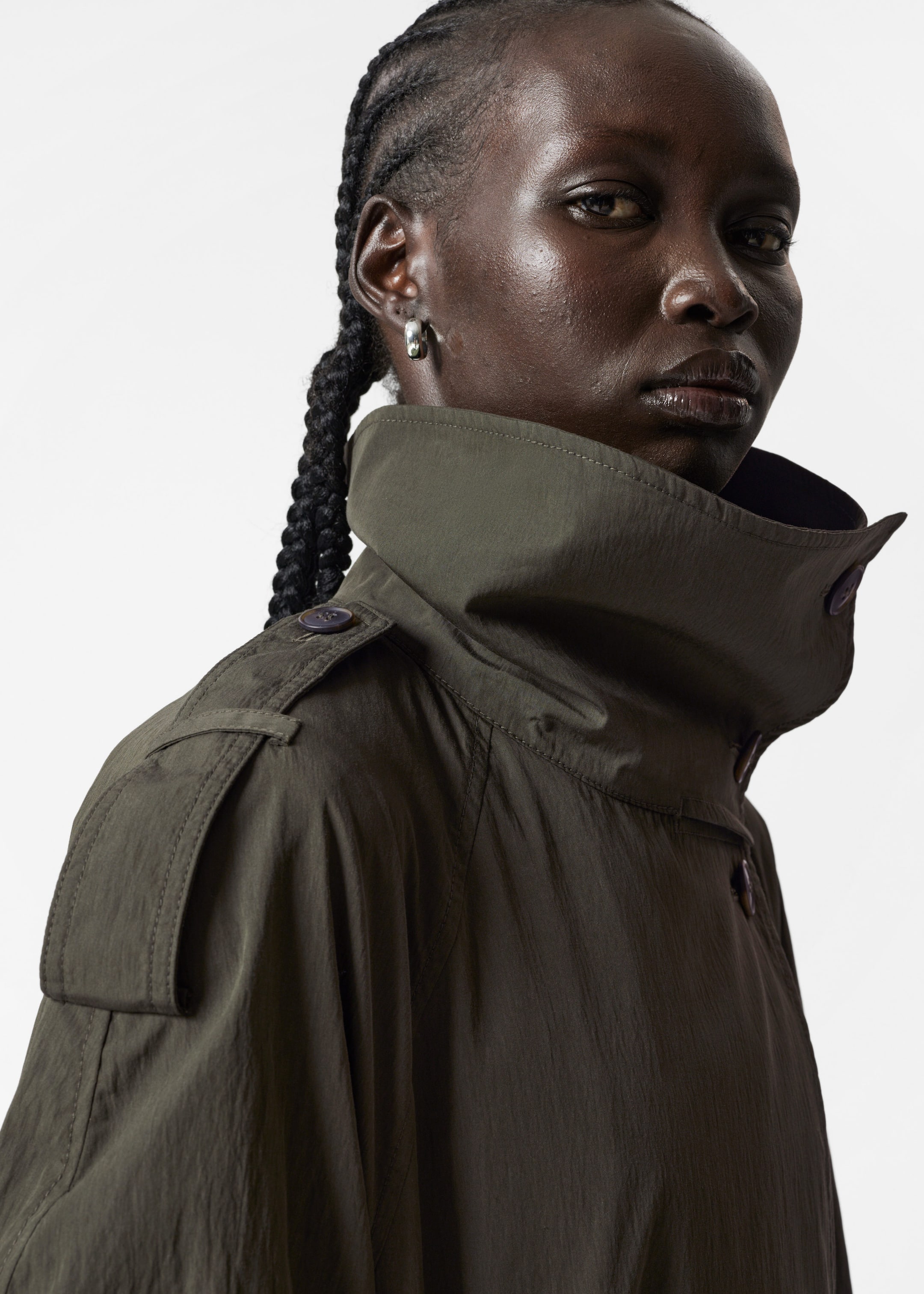 High-Collar Trench Coat - Green - Lookbook