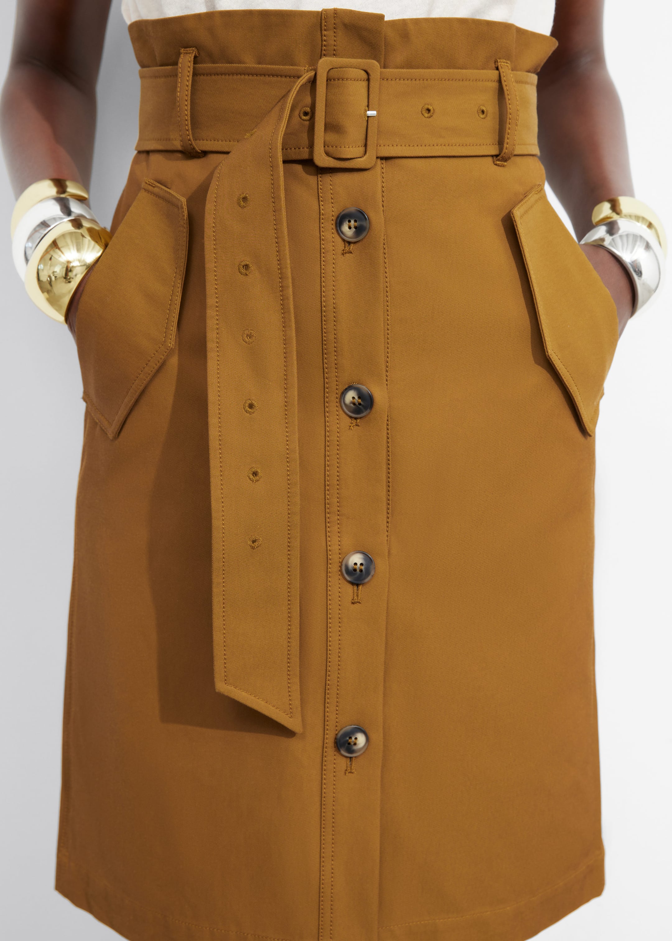 Buttoned Paperbag Midi Skirt - Mustard - Lookbook