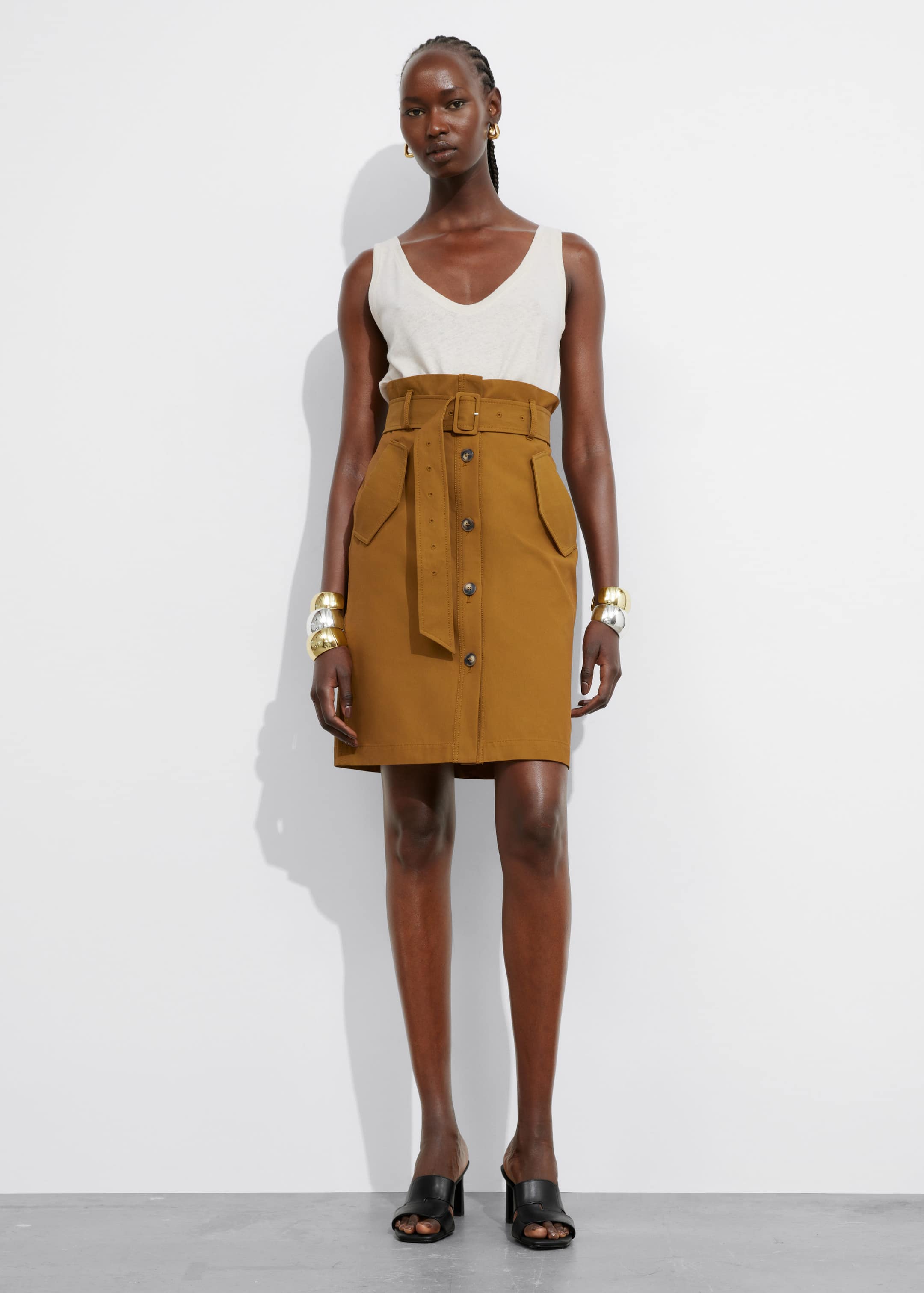 Buttoned Paperbag Midi Skirt - Mustard - Lookbook