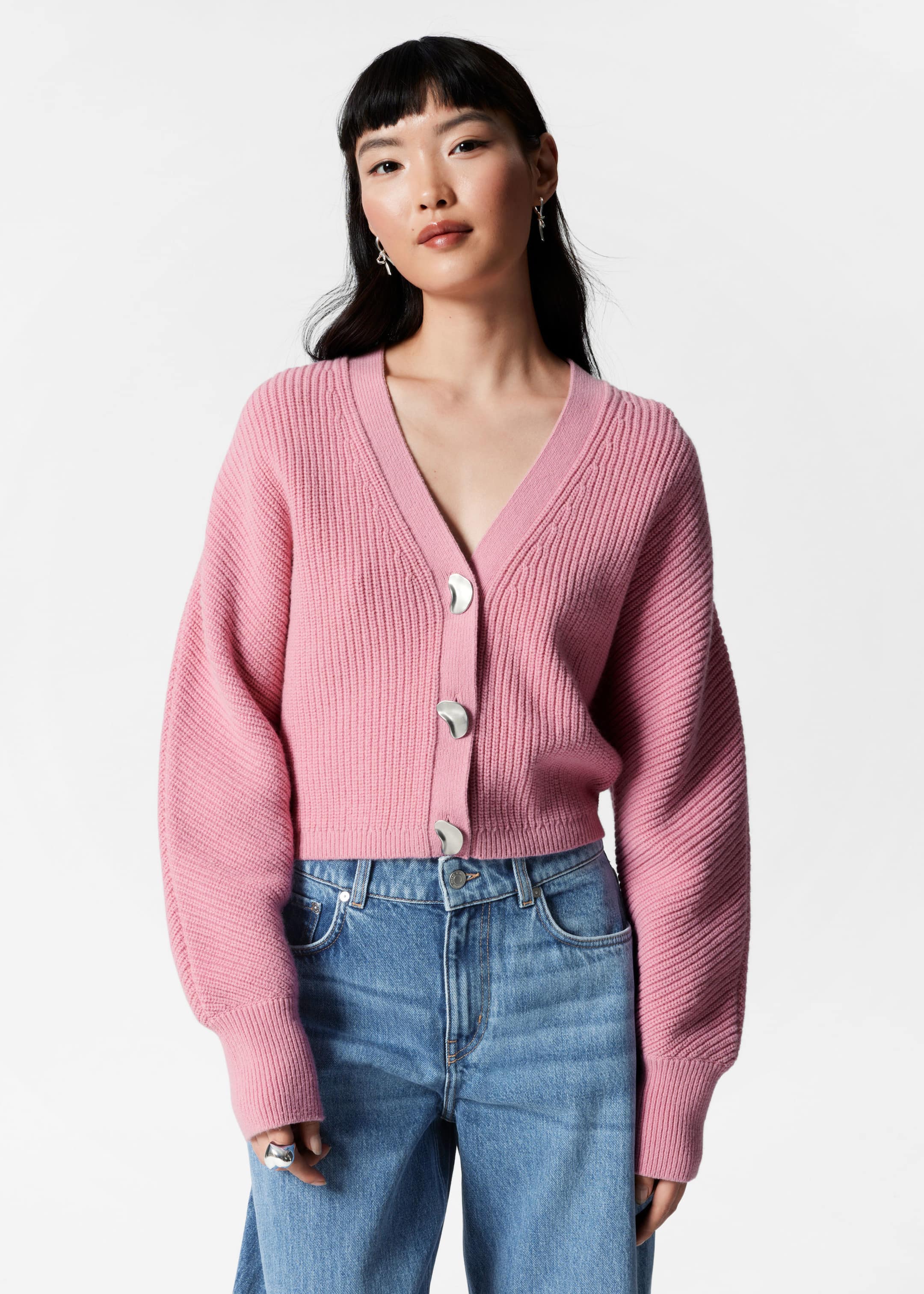 Metal Button Knit Cardigan - Pink - Lookbook