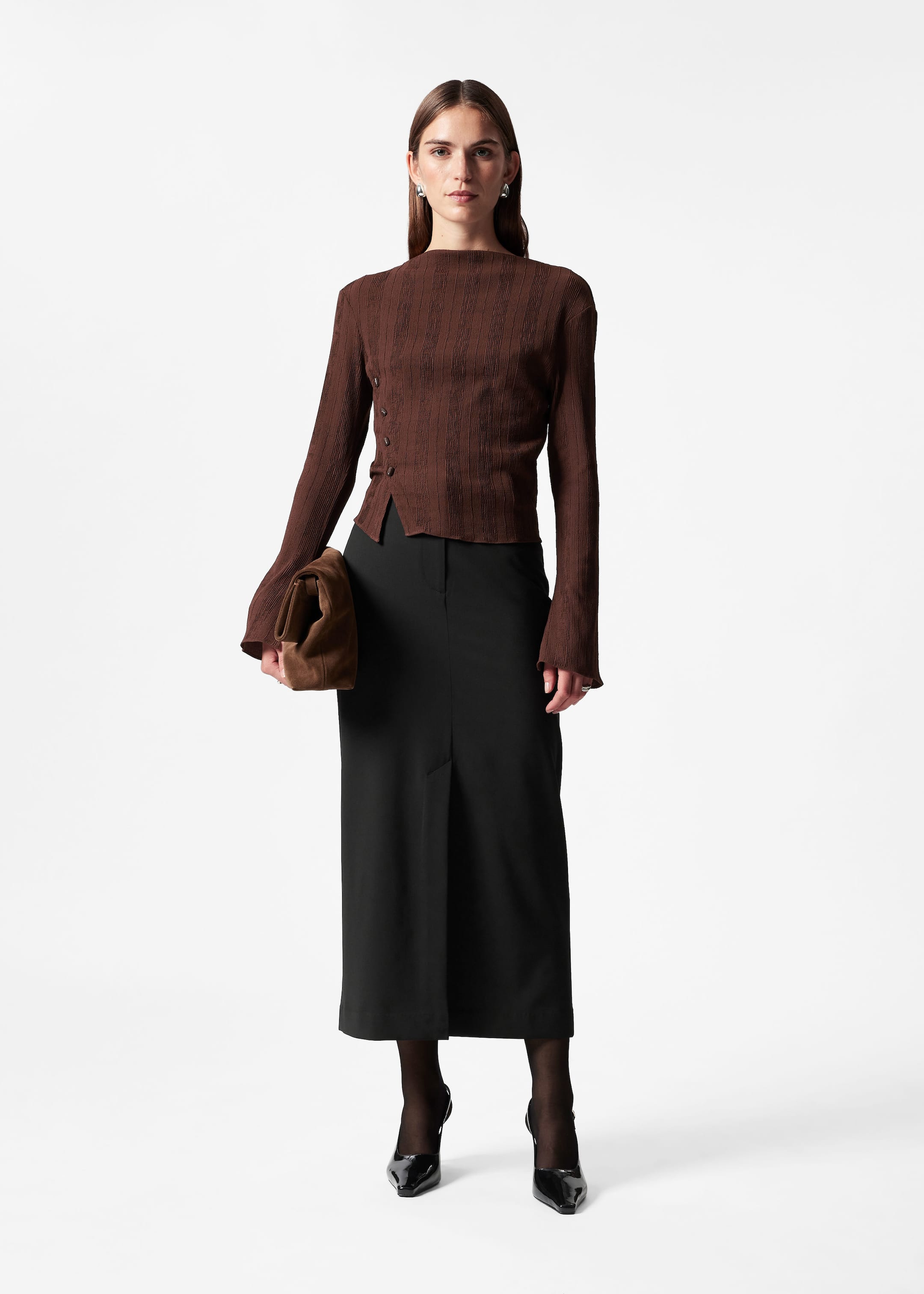 Boat-Neck Flared-Sleeve Top - Brown - Lookbook