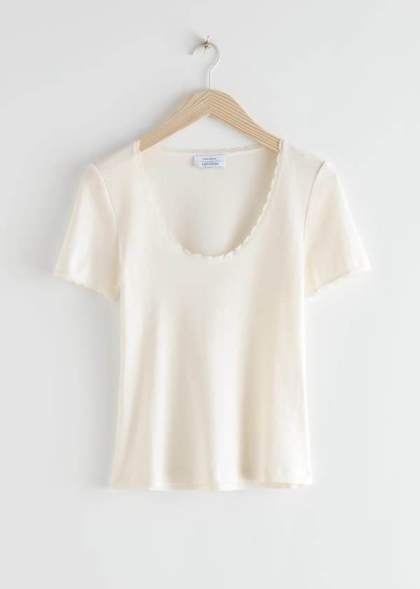 StillLife Front Image of Stories Ribbed Lace Trim T-Shirt in White