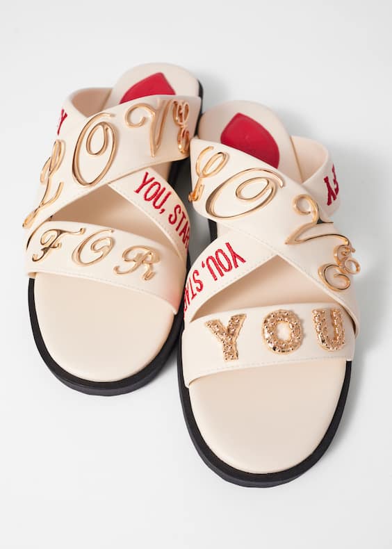Text-Print Leather Sandals