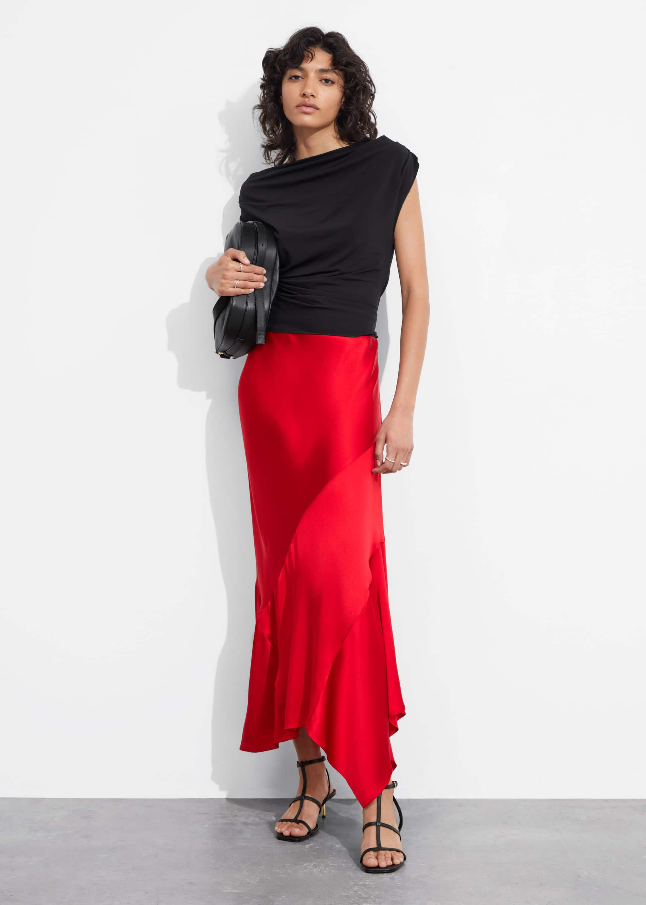 Image of Asymmetric Satin Midi Skirt