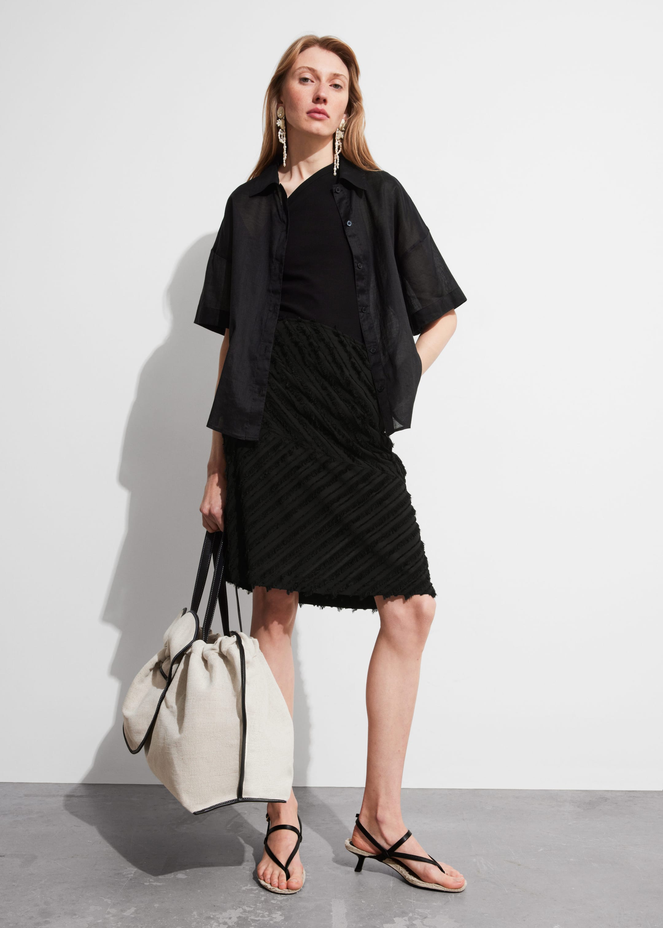 Textured Pencil Midi Skirt - Black - Lookbook