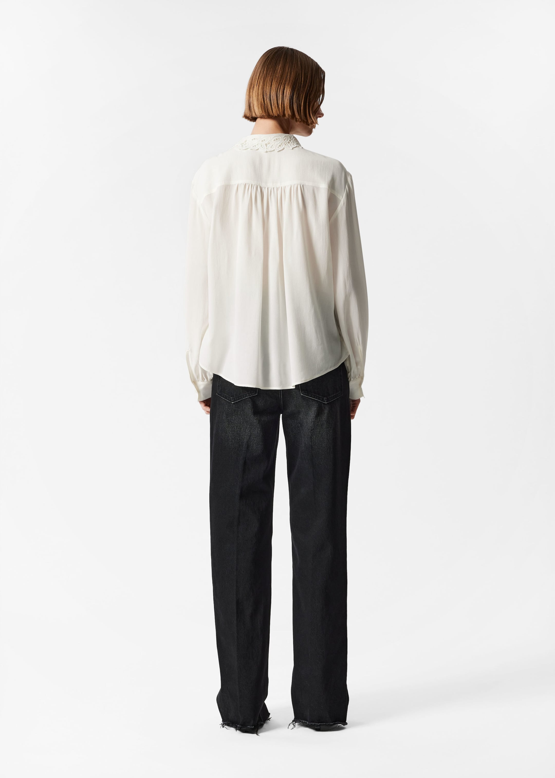 Asymmetric Collar Silk Blouse - White - Lookbook