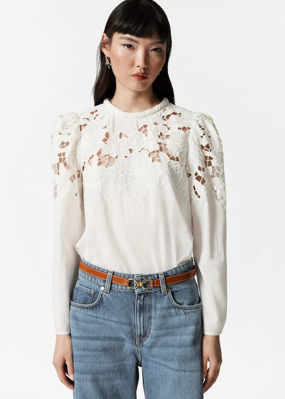 Embroidered Puff-Sleeve Blouse