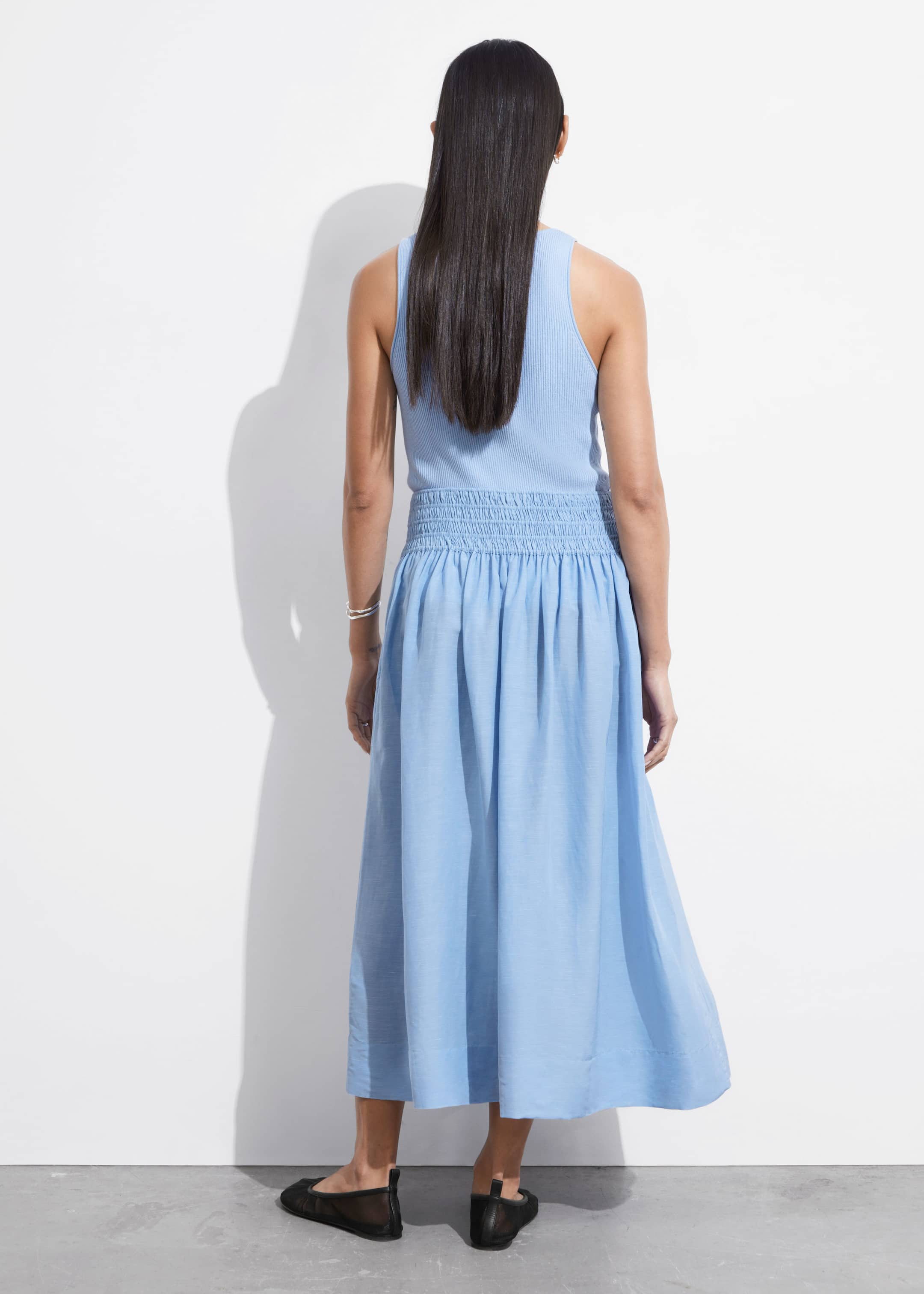 Smock-Waist Midi Skirt - Light Blue - Lookbook