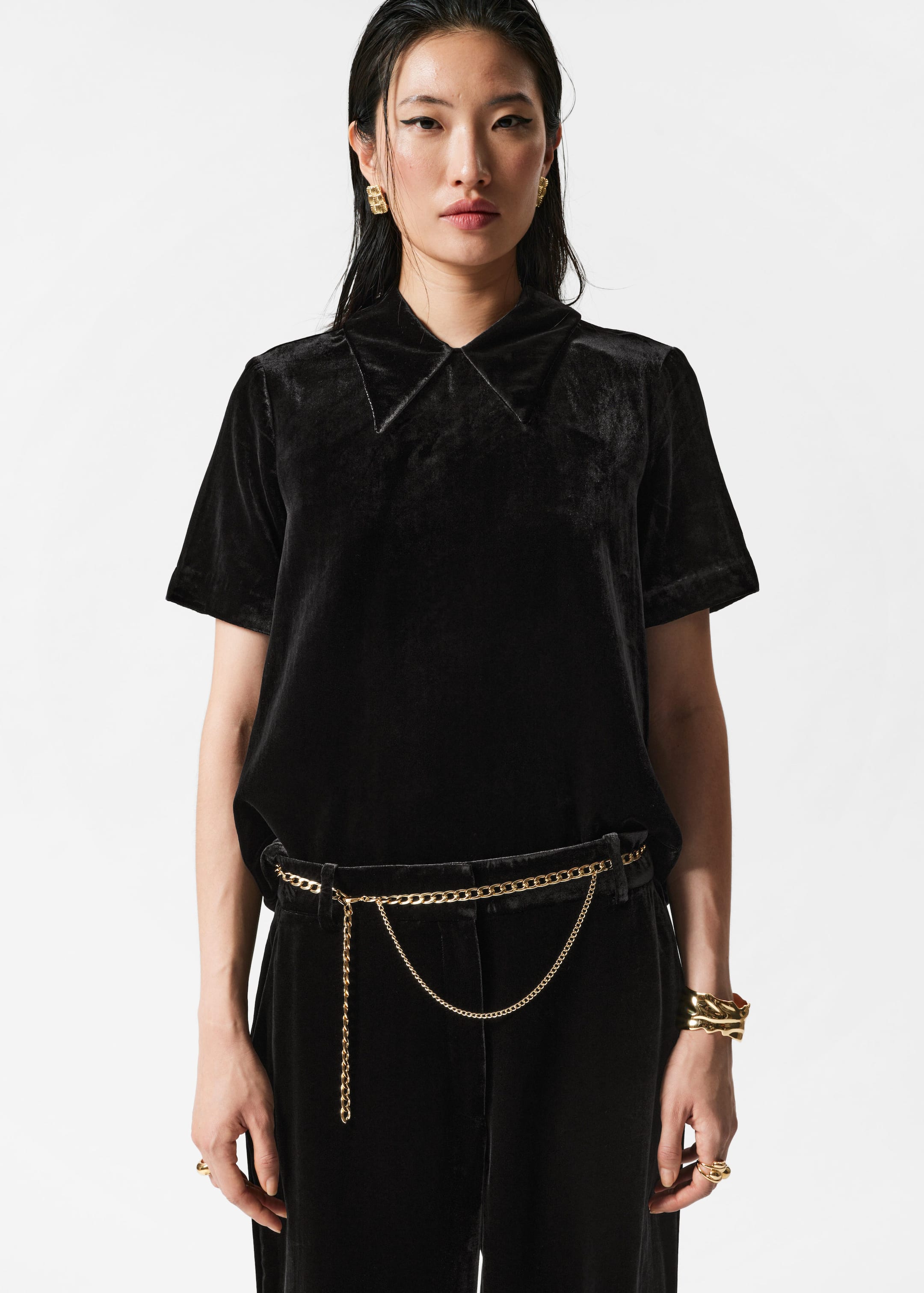 Collared Velvet Blouse - Black - Lookbook