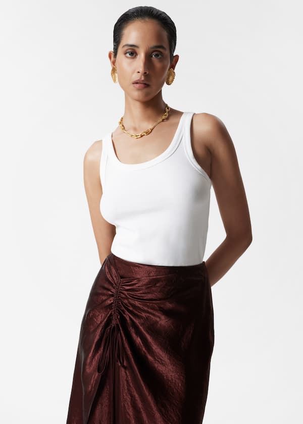 Drawstring Satin Midi Skirt