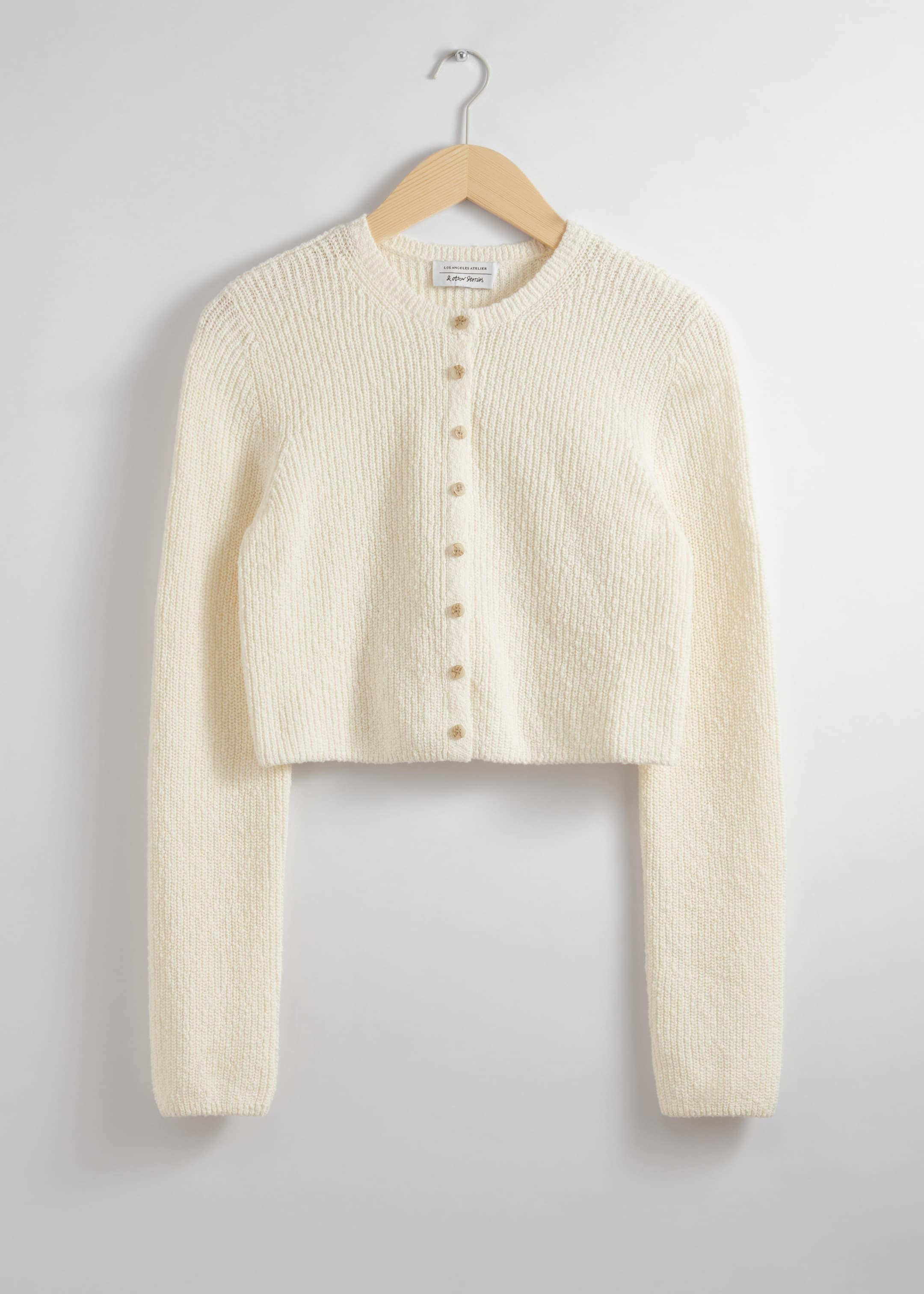 & Other Stories Short store Puff Sleeve Crop Cardigan Ribbed Knit Sweater Cream Small