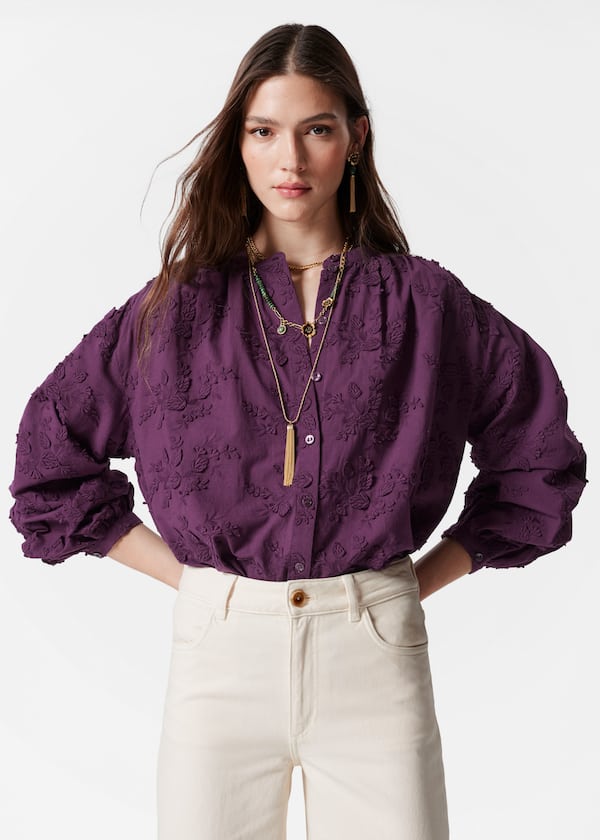 Voluminous Floral-Appliqué Blouse