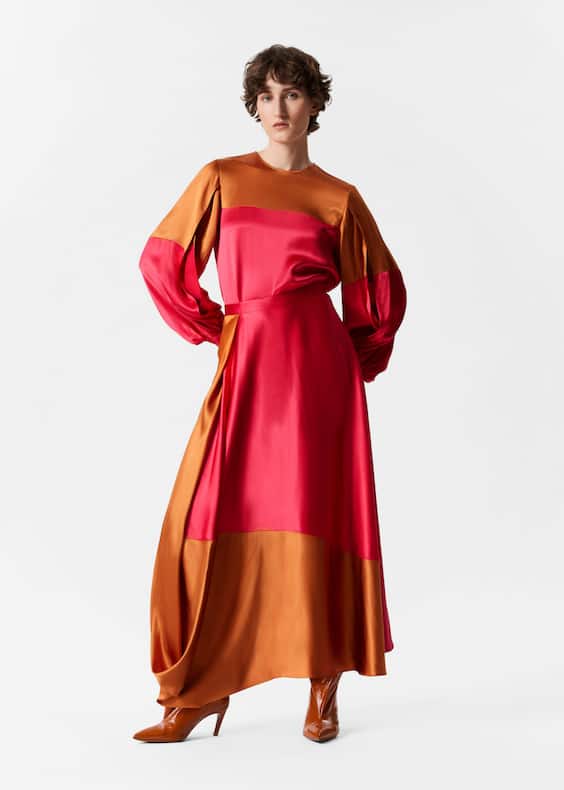 Colour-Block Satin Midi Skirt