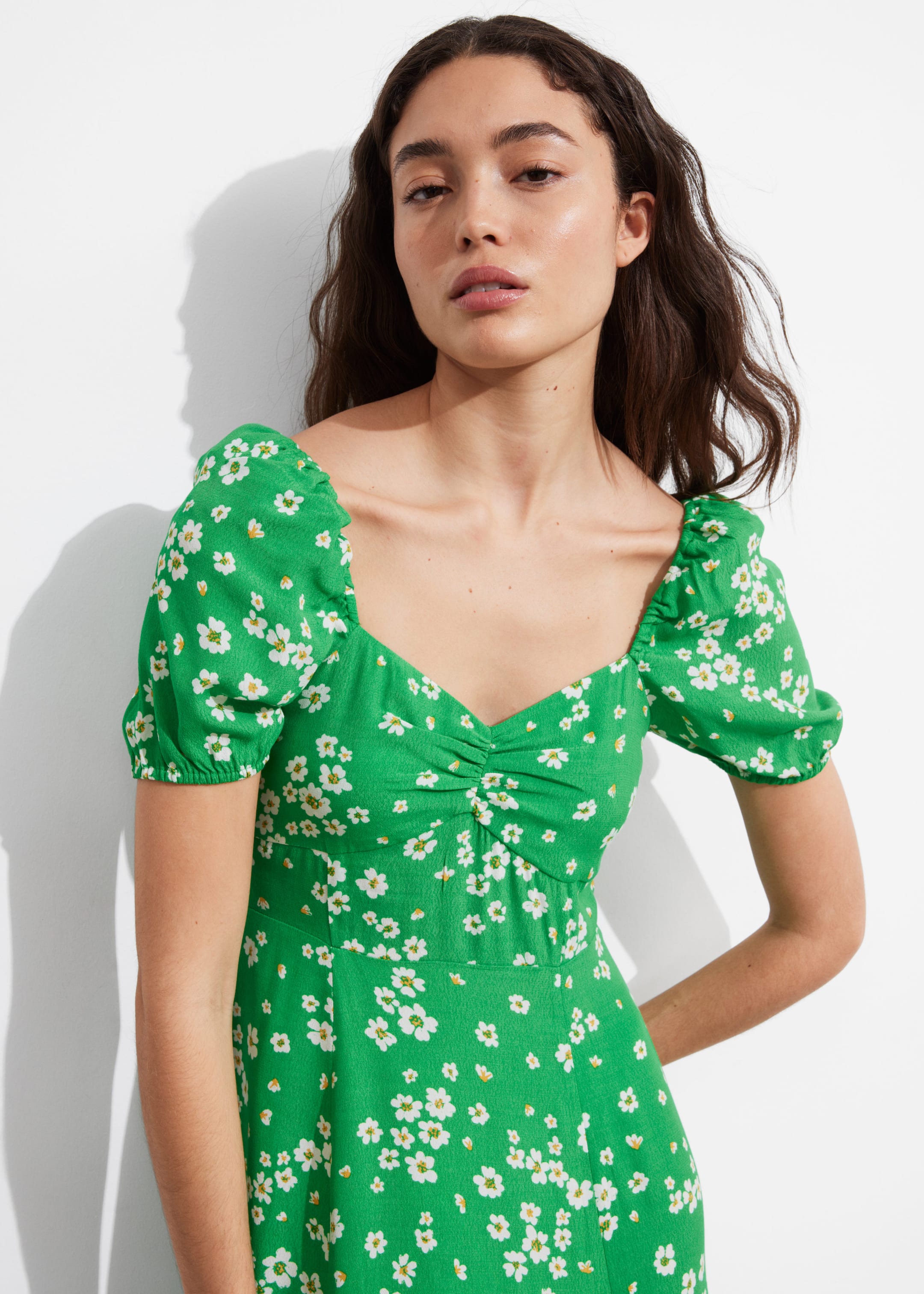 Flowy Puff Sleeve Midi Dress - Bright Green Floral Print - Lookbook