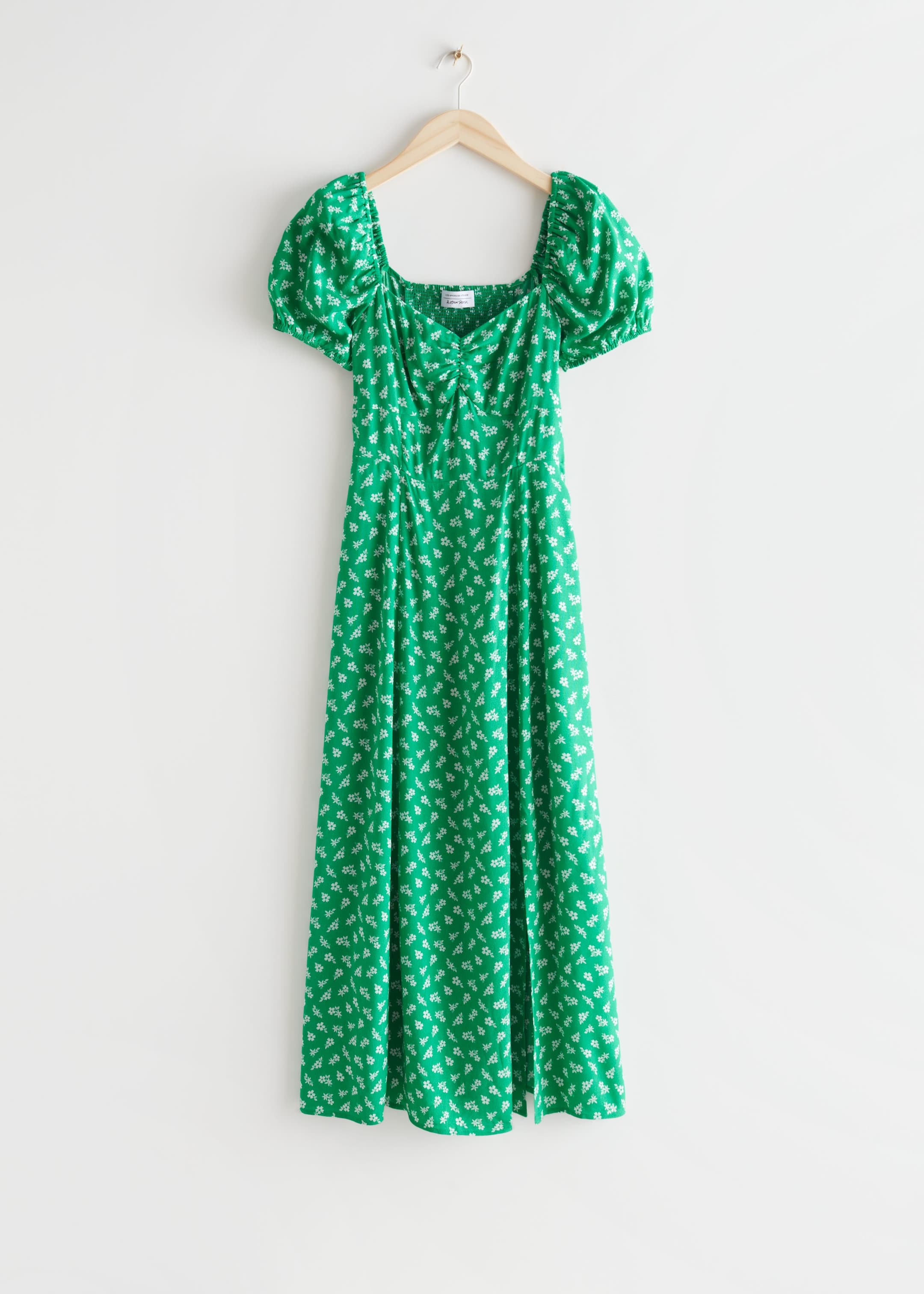 Flowy Puff Sleeve Midi Dress - Bright Green Floral Print - Still Life