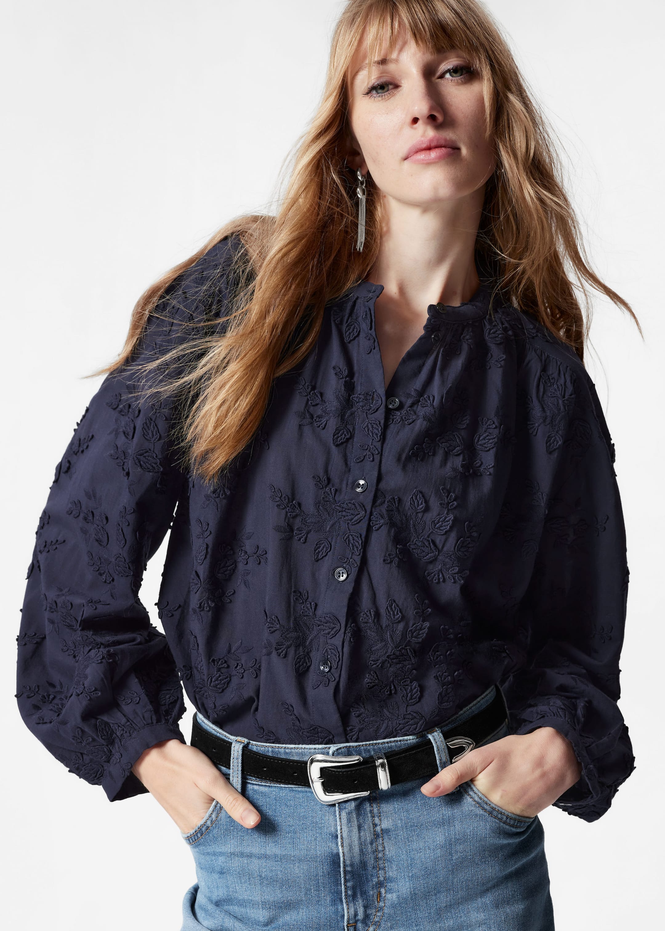 Image of Voluminous Floral-Appliqué Blouse