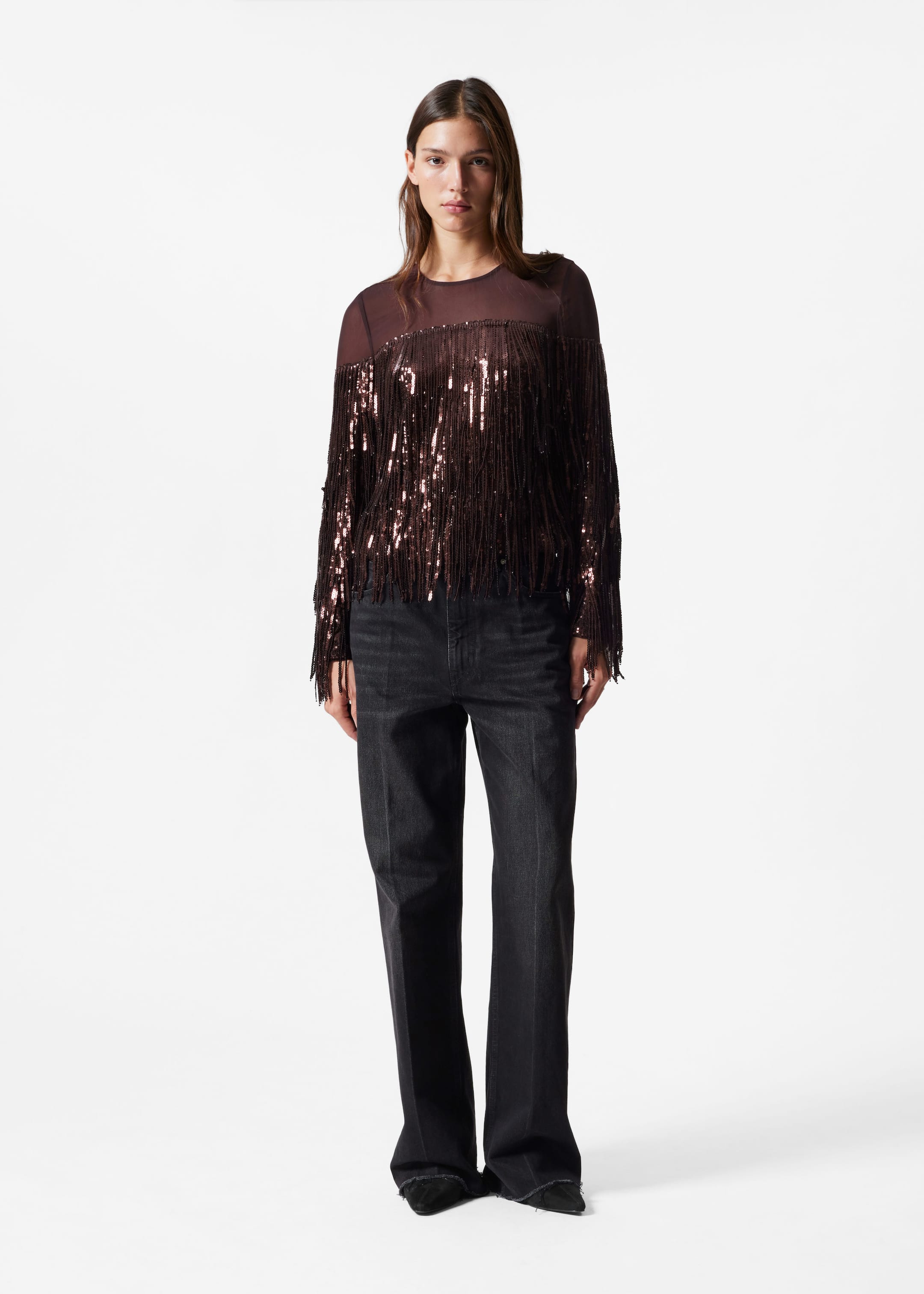 Fringed Sequin Top - Brown - Lookbook